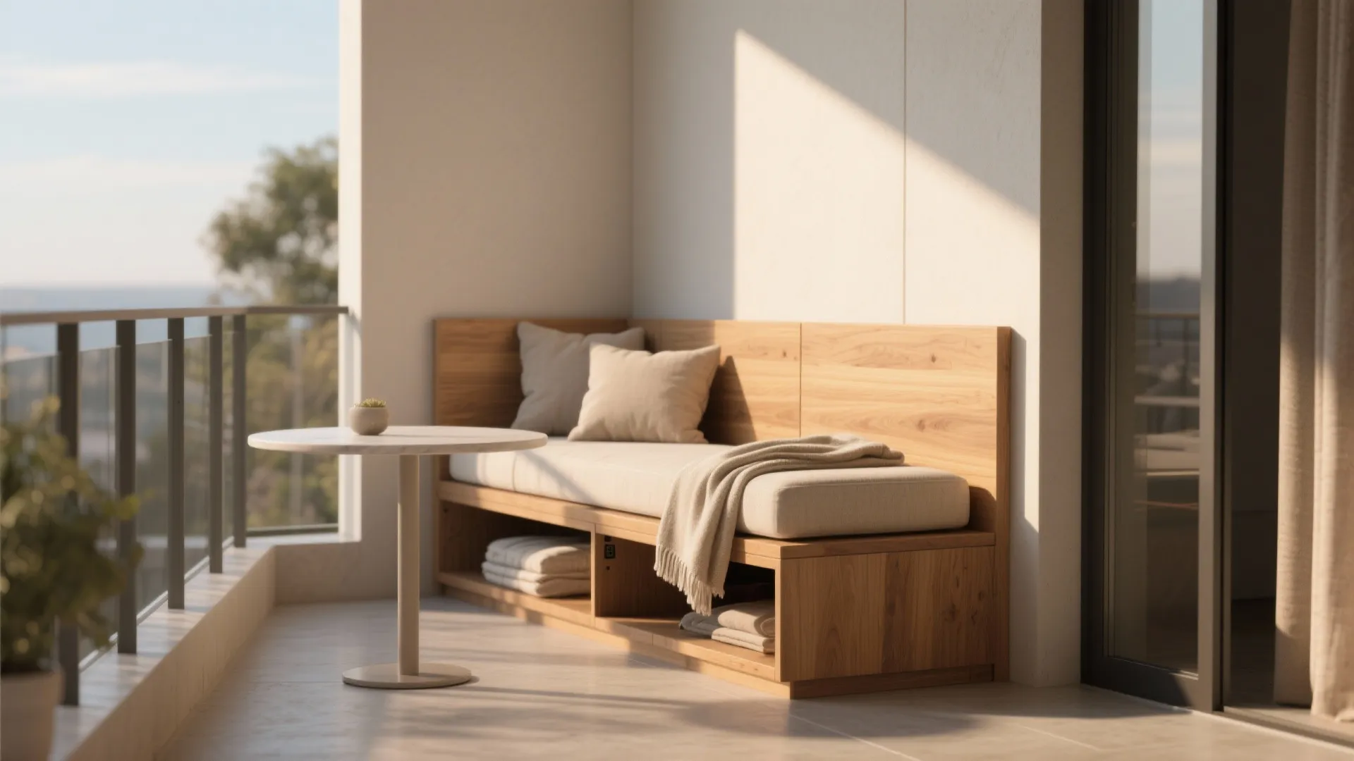 Sunny balcony with wooden storage bench, white pillows, and small round table with plant pot