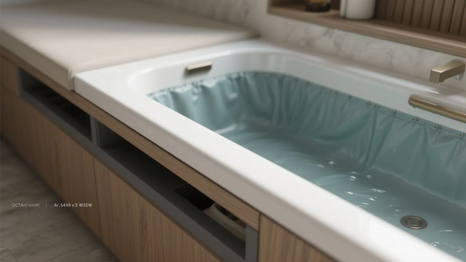 Modern white bathtub with blue liner built into a wooden cabinet with marble wall background