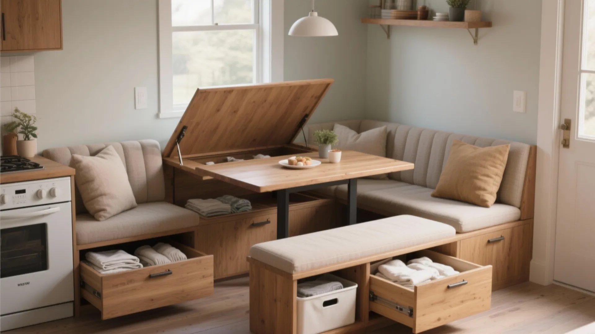 3. Bench-style table with hollow seats for multi-use storage