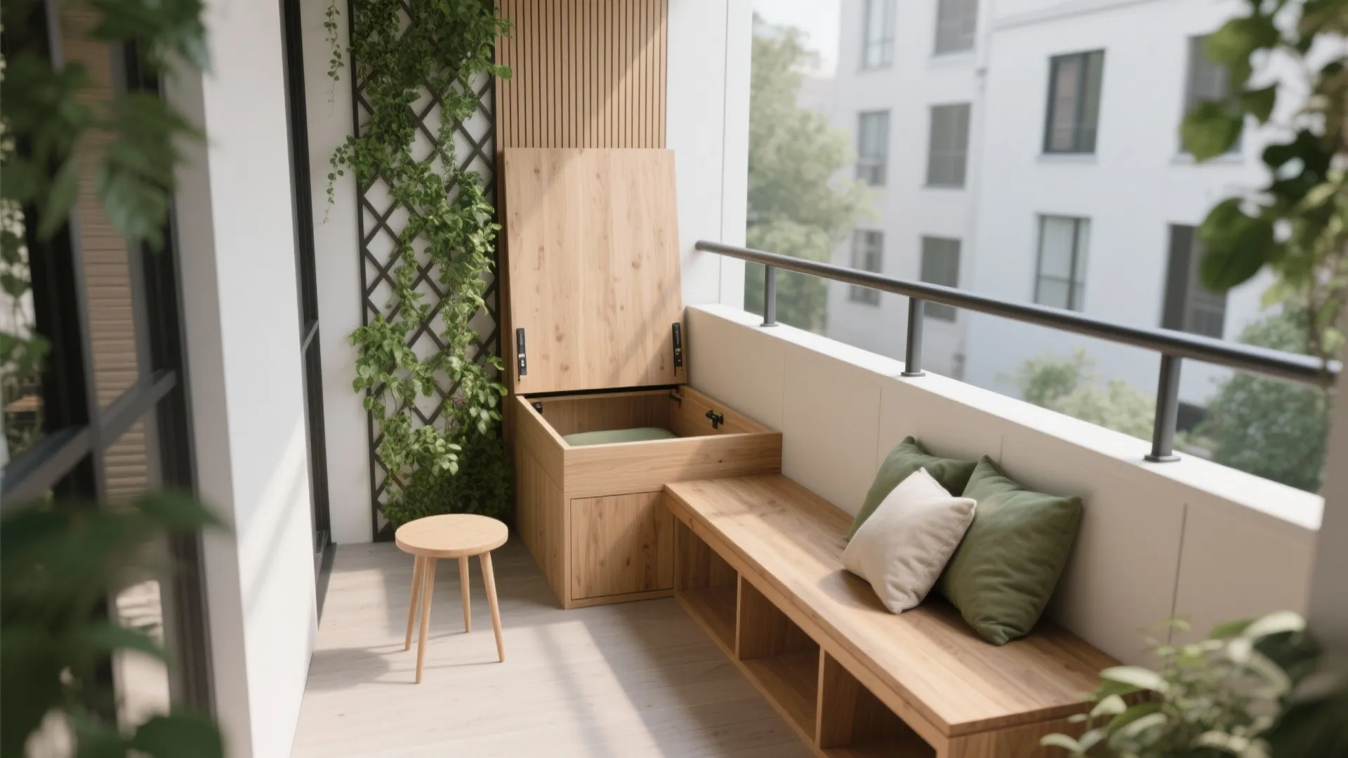Built-in bench, hidden storage, and a vertical green wall