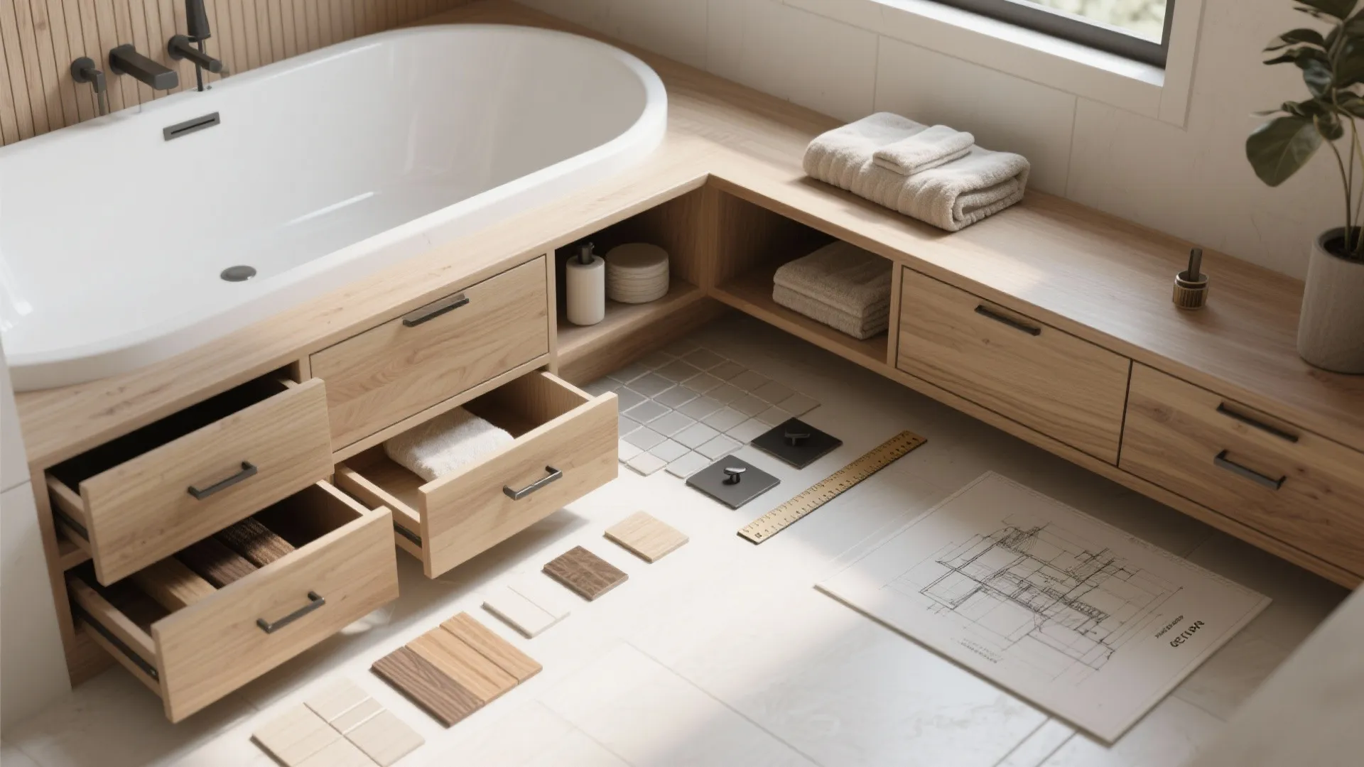 5. Built-in bench tubs with storage beneath