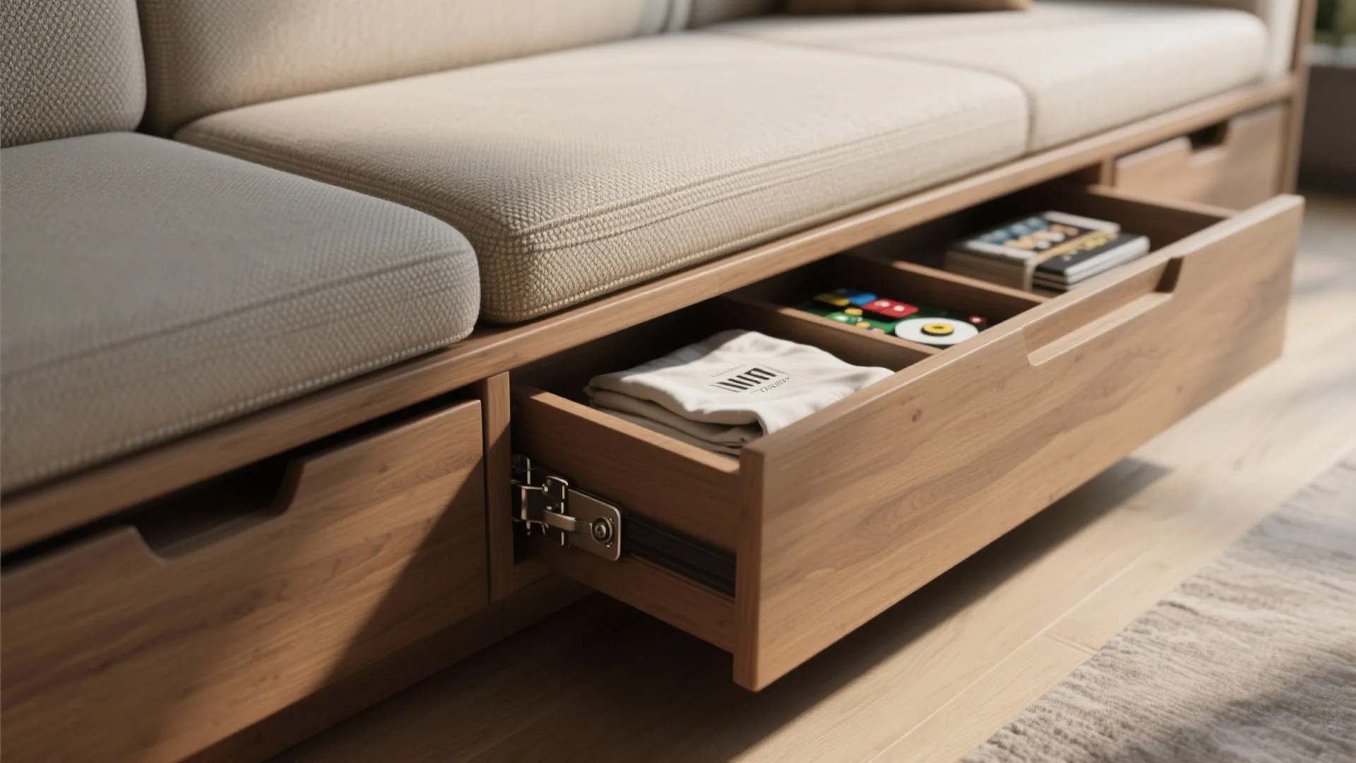 Close-up of a bench with open under-seat storage showing organized linens and realistic wood and fabric textures.