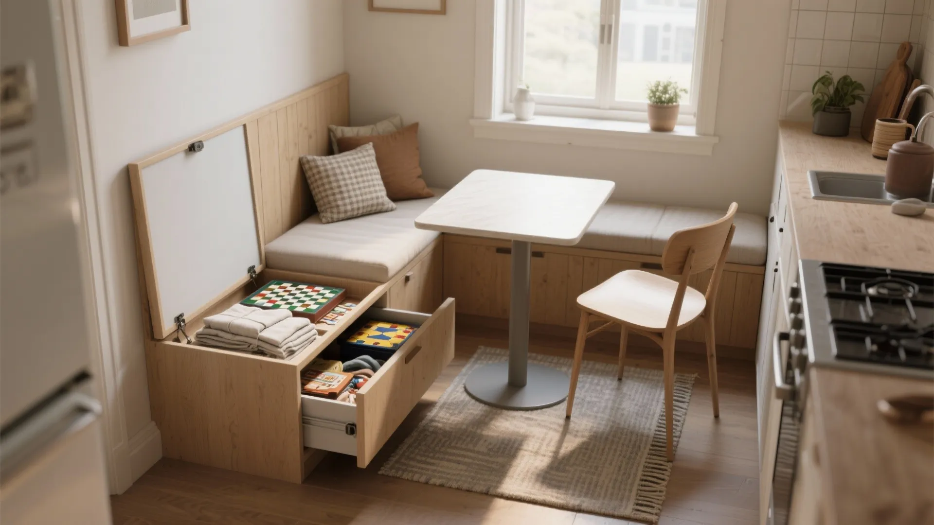 3. Bench seating to save width (and add storage)