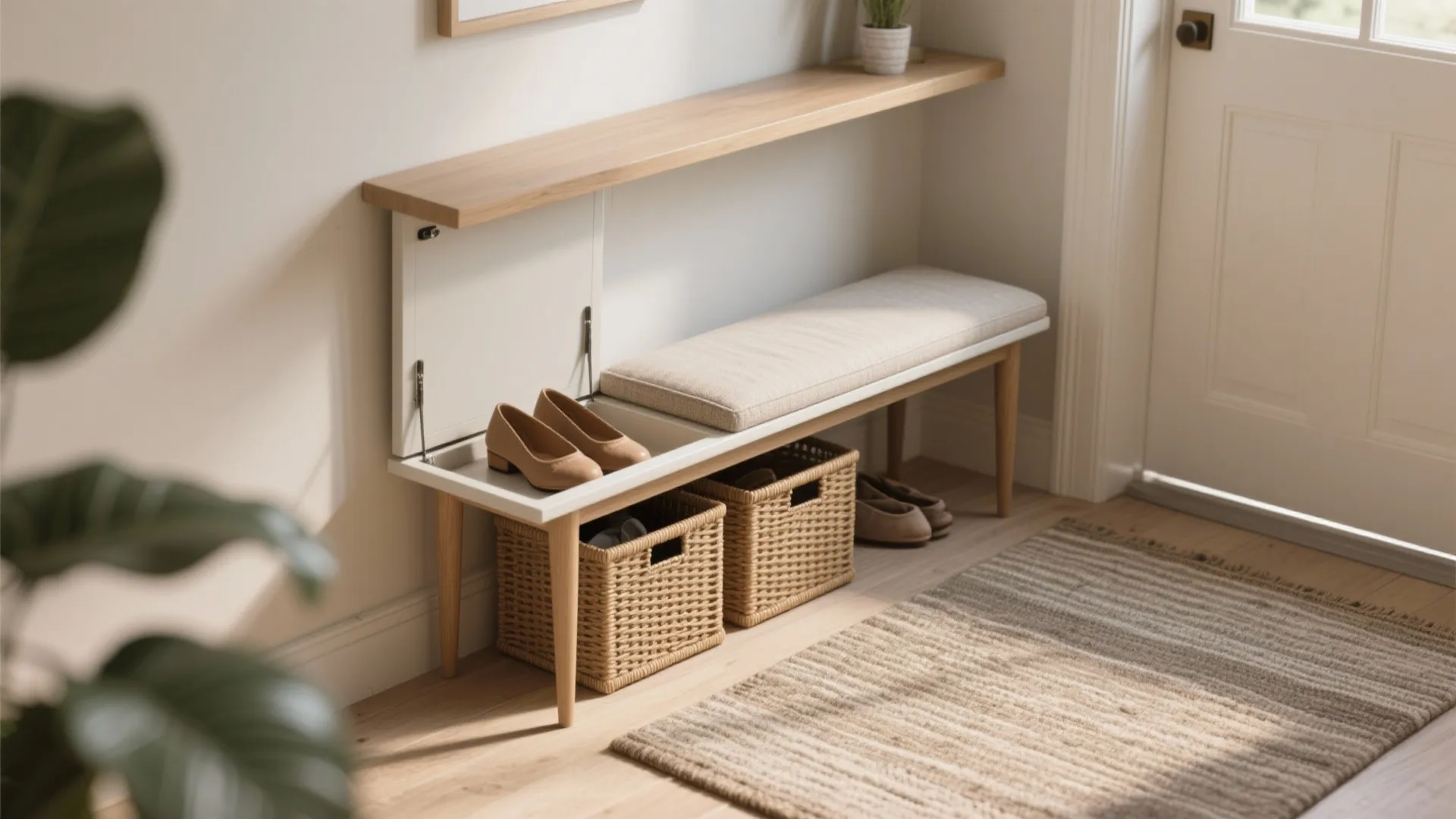 Entryway hallway with wooden storage bench and baskets including shoes under a long wooden shelf