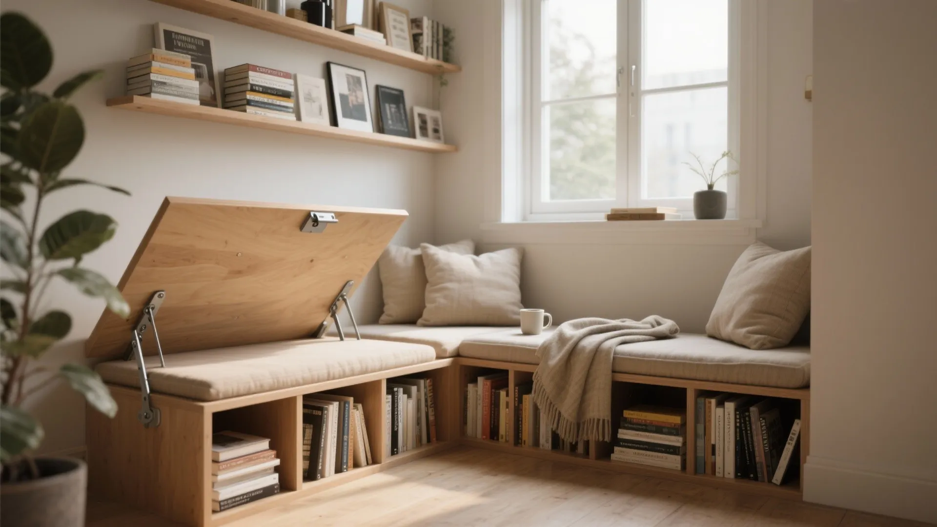 Corner window seat with lift-up storage bench and open book shelves in a bright room