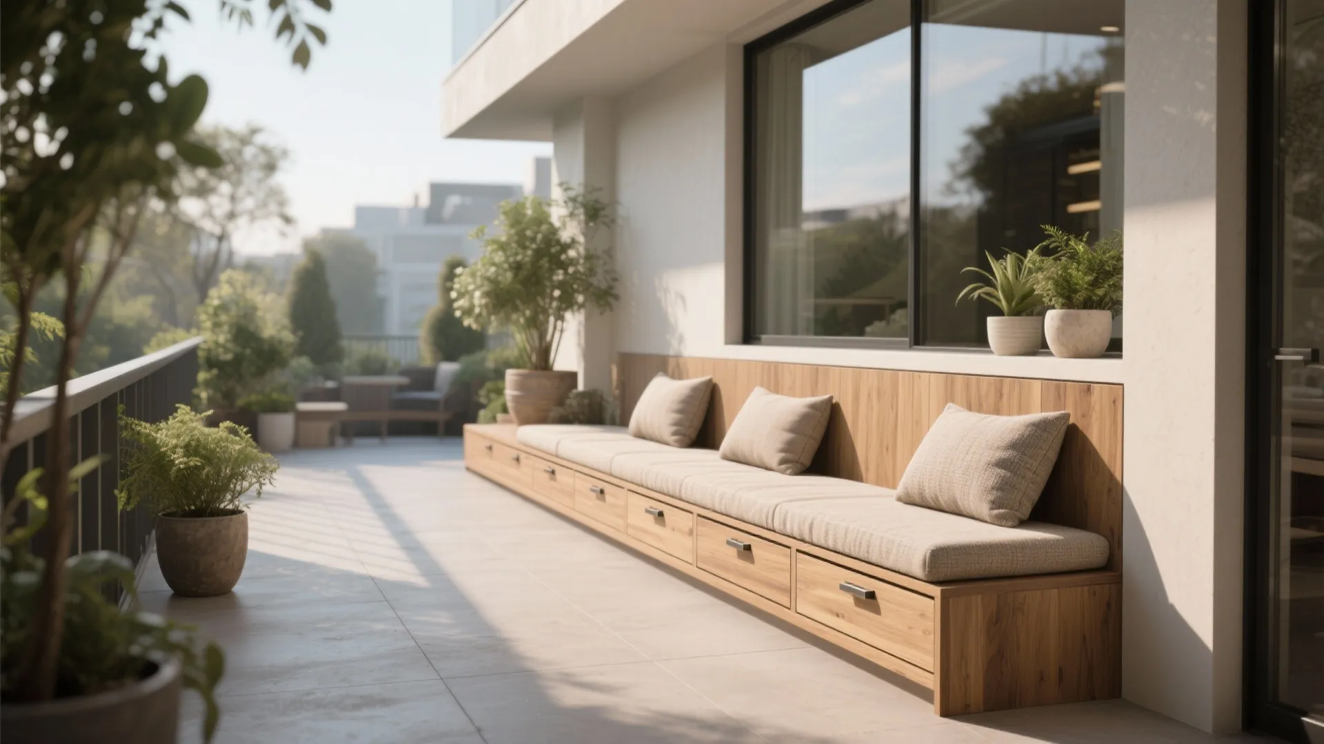 Long outdoor wooden bench with built in storage drawers and comfortable cushions on sunny open balcony