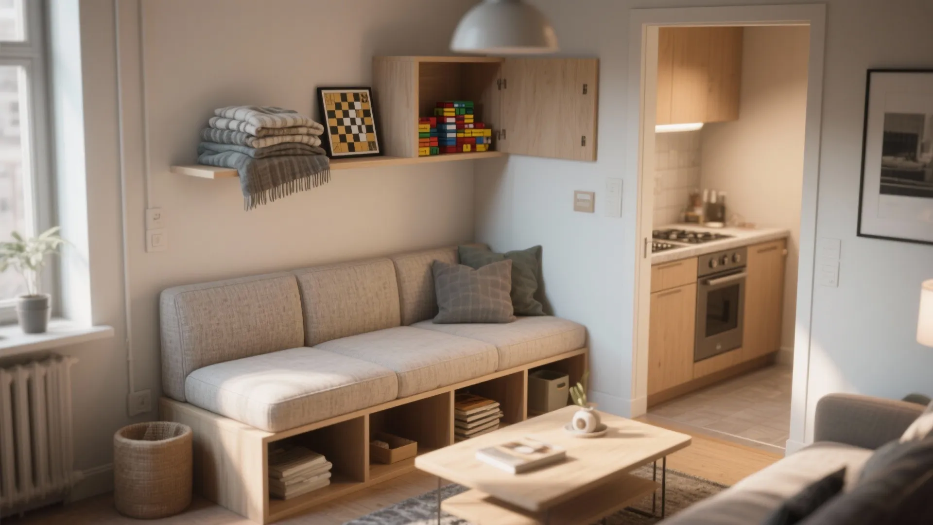 Small living room with grey bench storage, wooden coffee table, wall shelves, and kitchen view