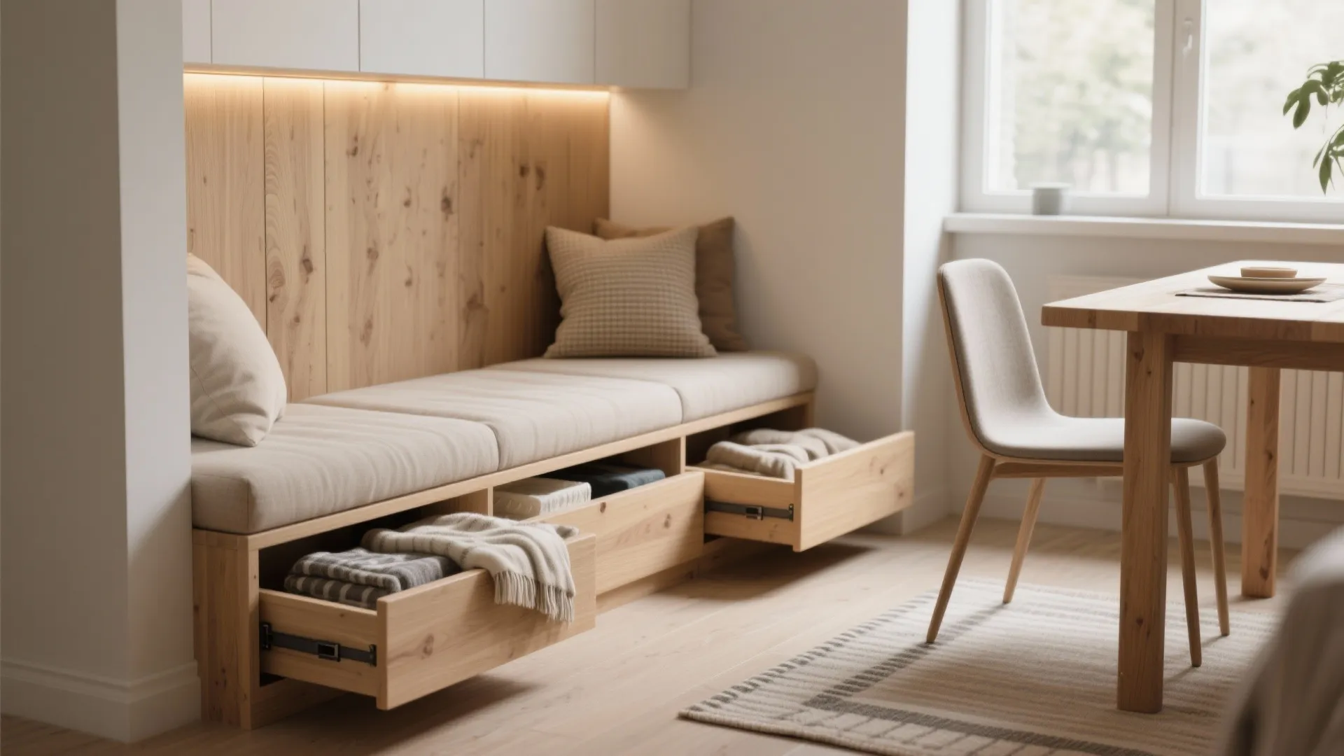 Wooden bench with open drawers for storage showing folded blankets in a bright dining area