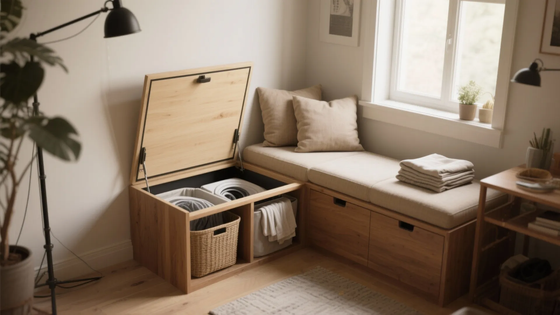 Wooden corner bench with open storage compartment containing laundry baskets next to a bright window