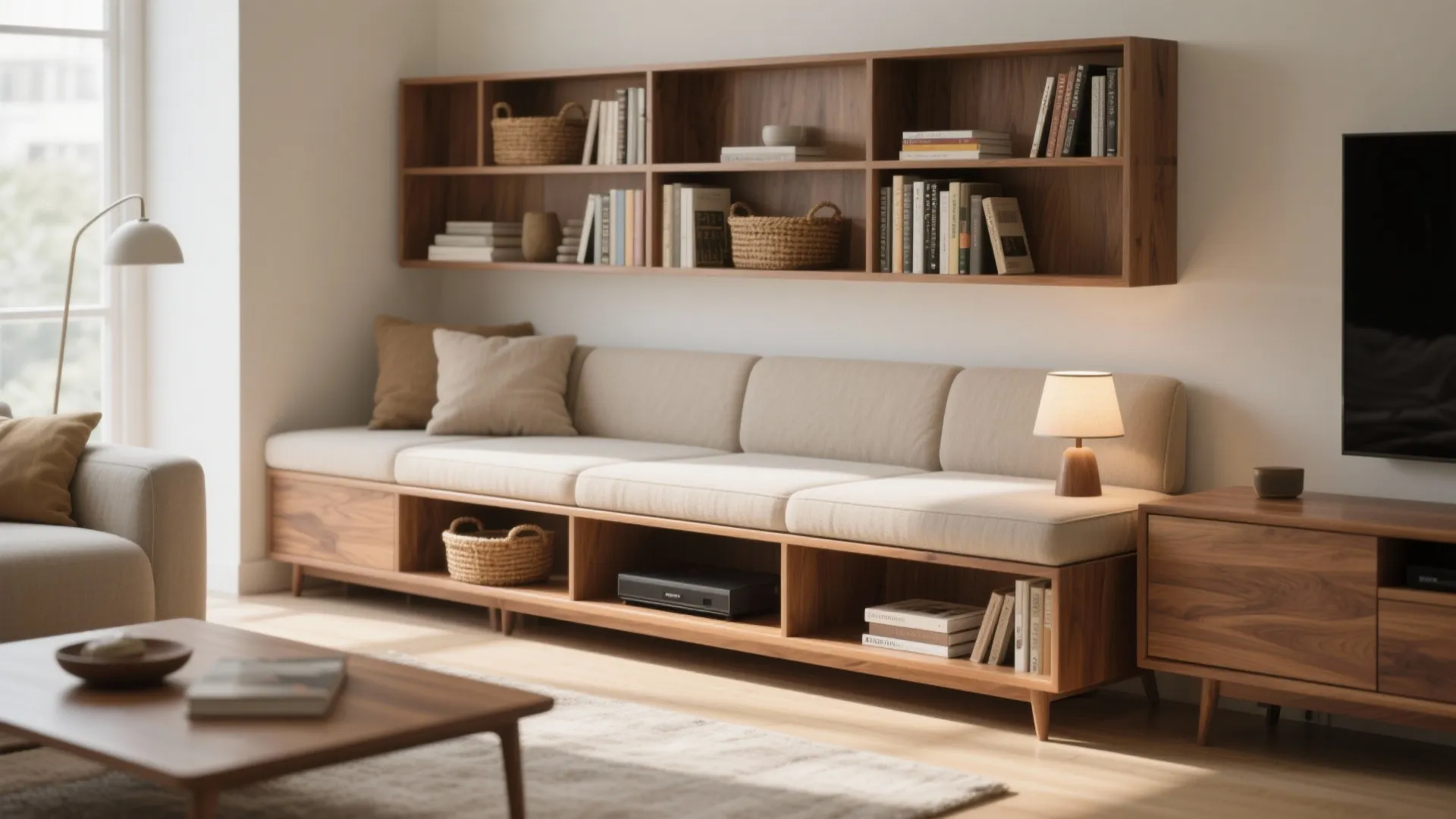 Long wooden sofa bench with storage shelves below and matching wall cabinet in bright room