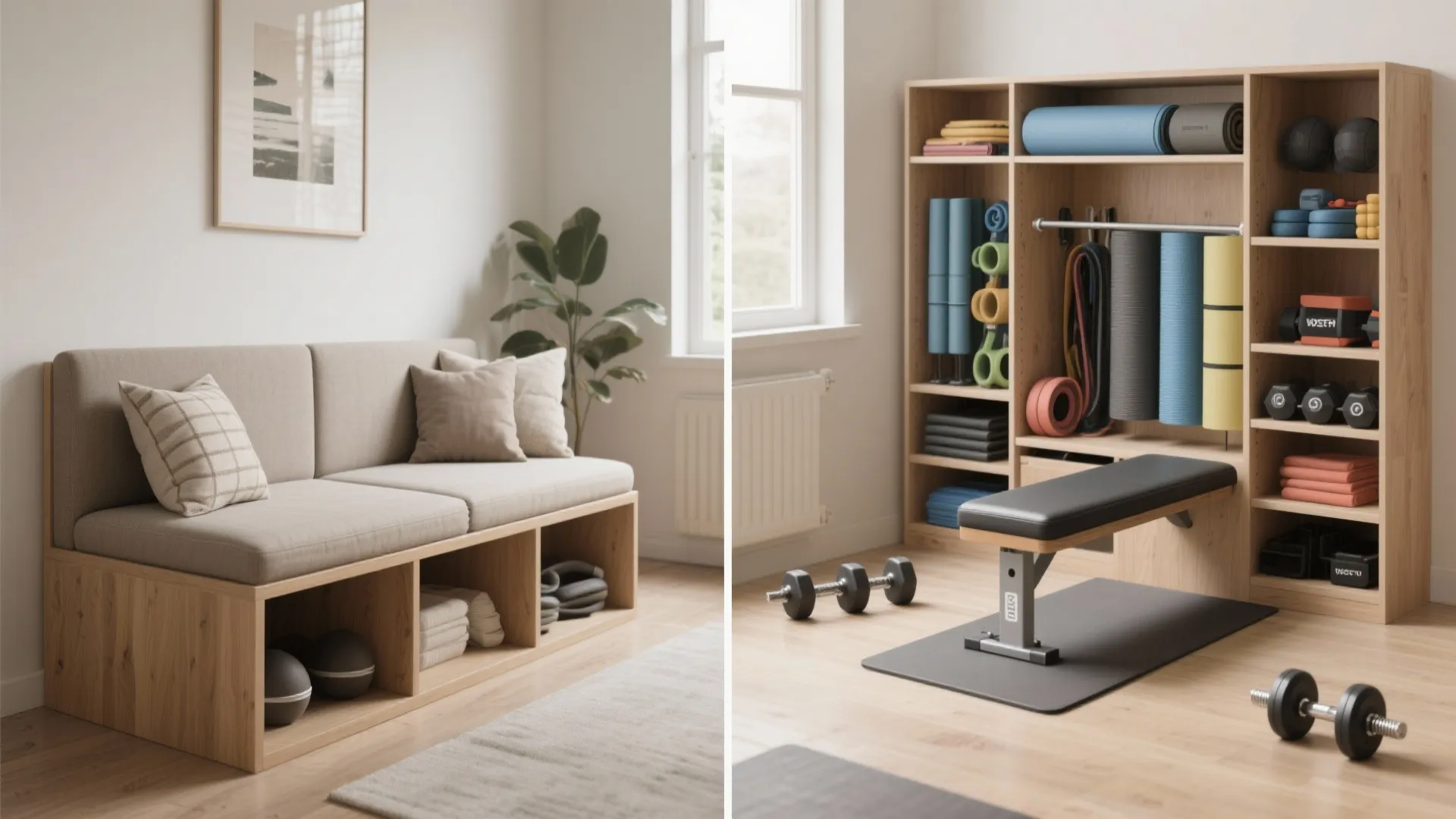 Side by side comparison of a storage bench and a wooden cabinet holding gym equipment