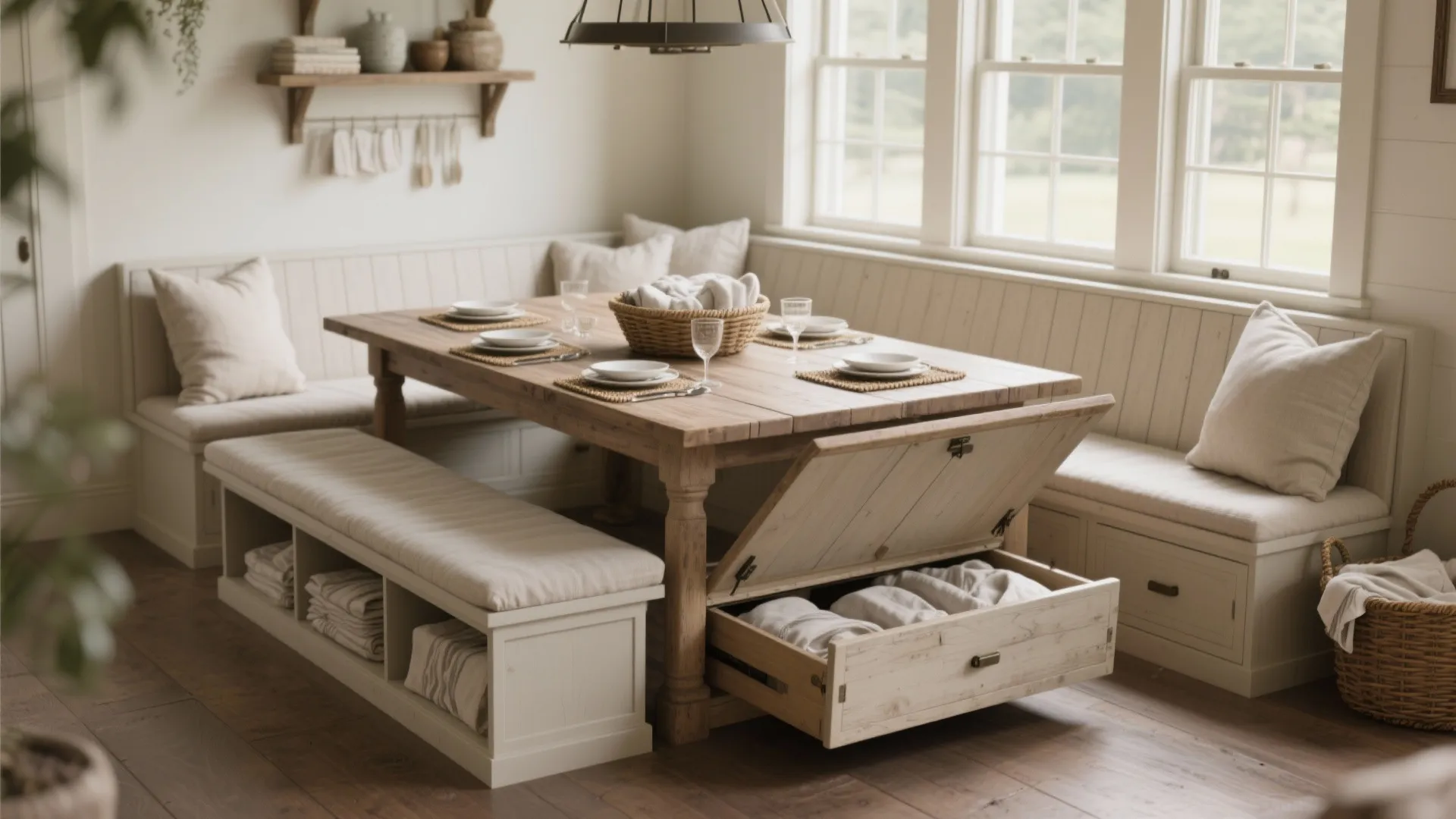 Dining room corner bench with hidden storage drawers, wooden table, and cushions for extra comfort