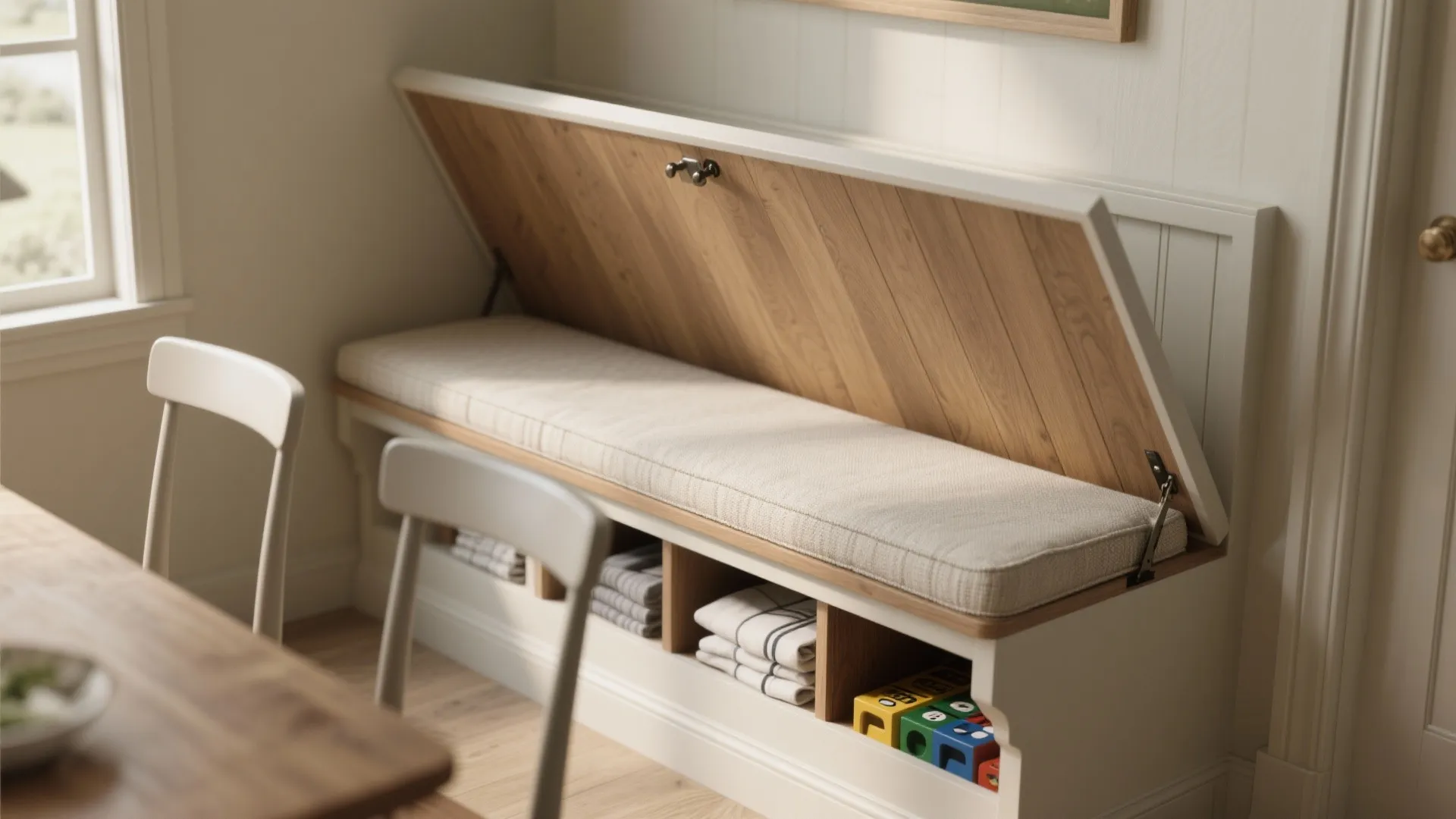 White wooden bench with open lid showing storage space for towels and colorful toy blocks