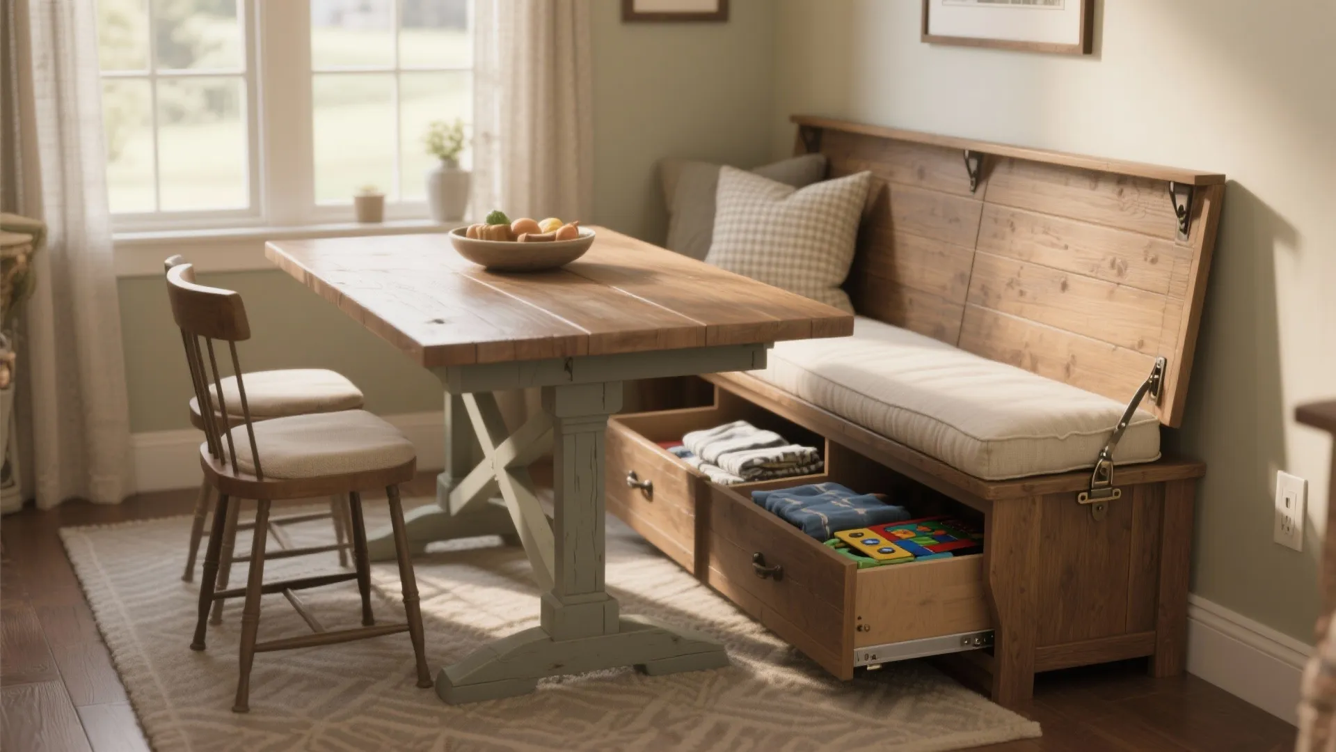 5. Bench + Table Combo with Under-Seat Storage