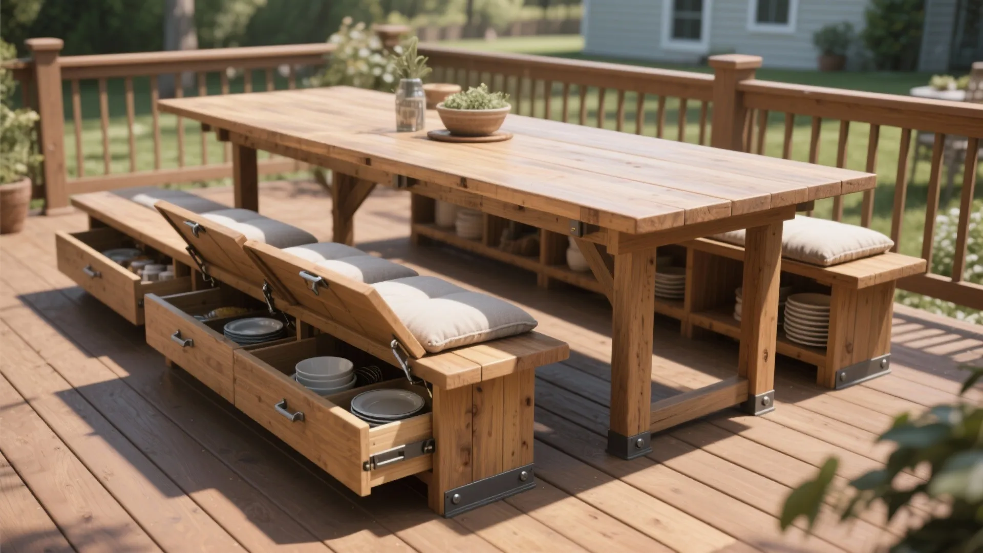 Bench-style communal farm table with under-seat storage showing open compartments and organized cushions.