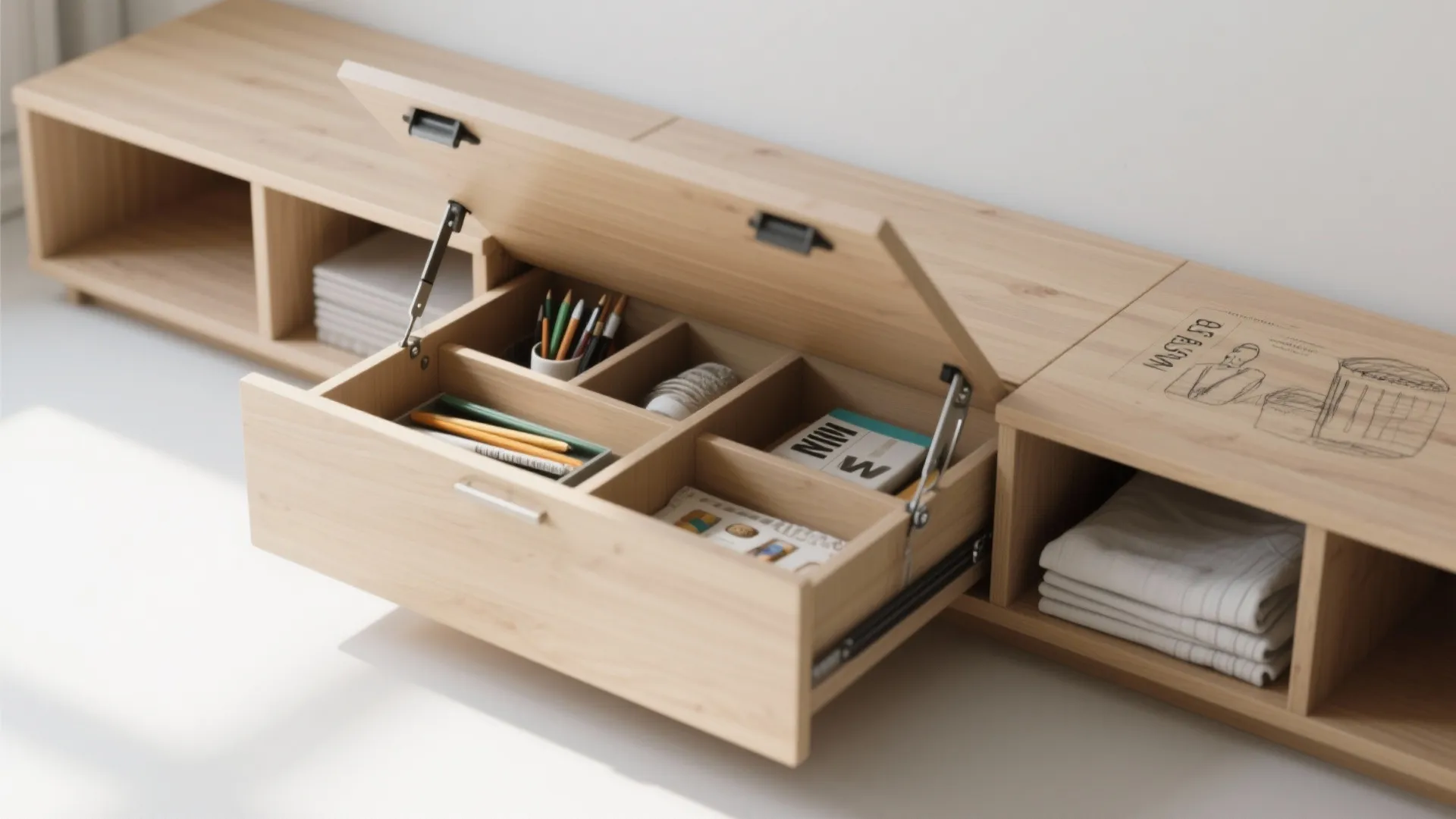 Light wood storage bench with an open drawer and compartments containing pencils and small books