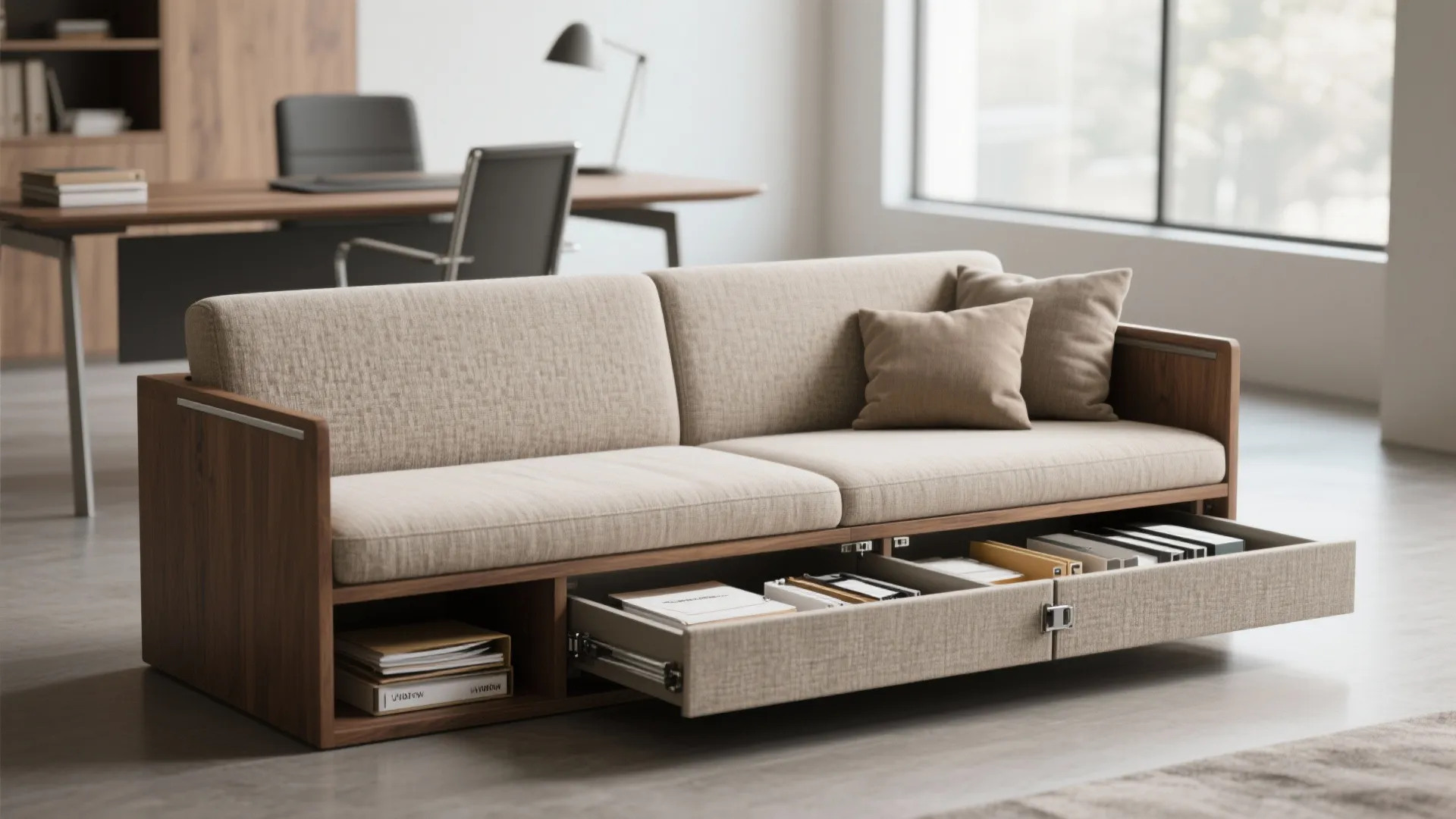 Bench-style office sofa with the storage compartment open, showing files and cushions inside.