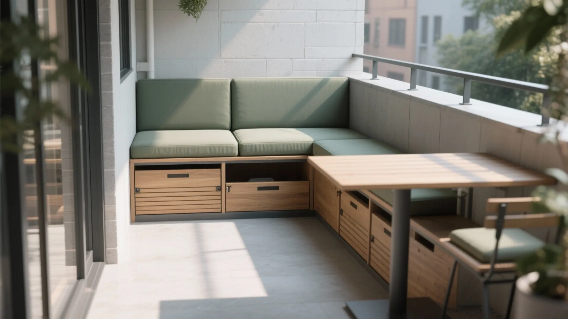 Built-in bench with storage (small footprint)