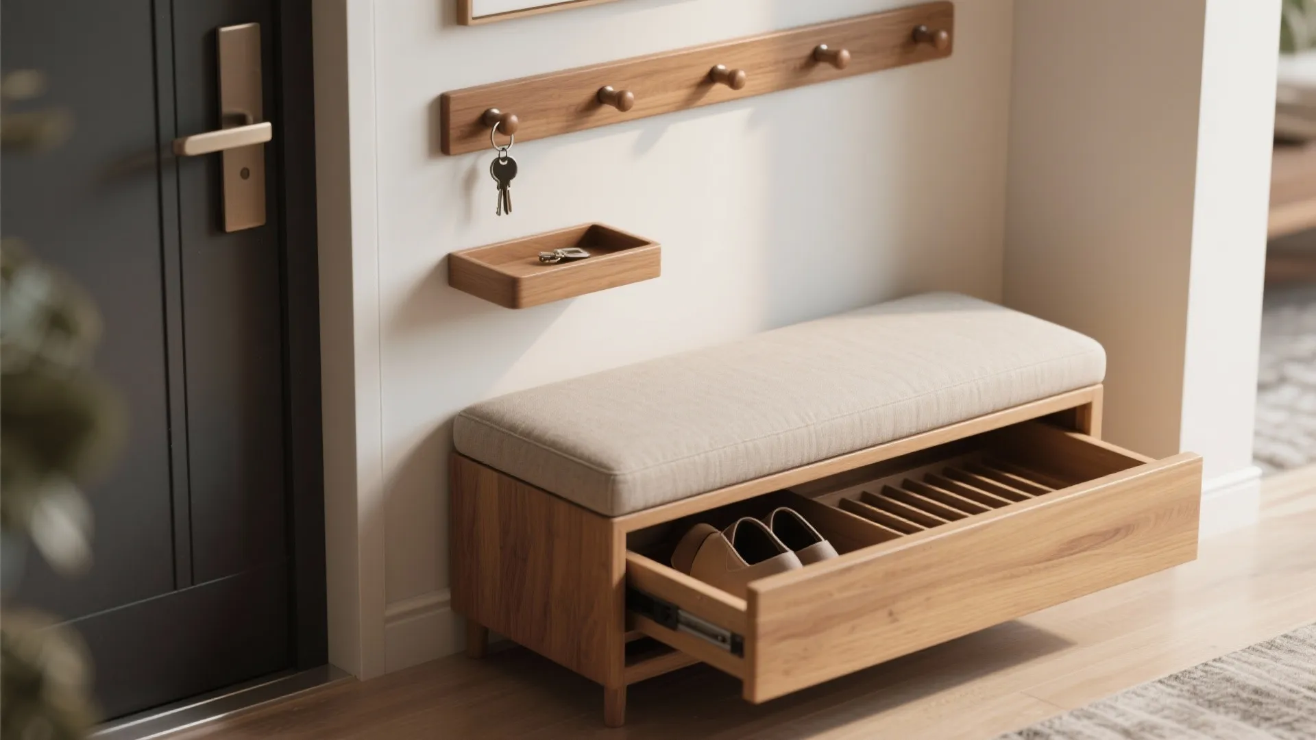 Bench, Hooks, and Hidden Shoe Storage