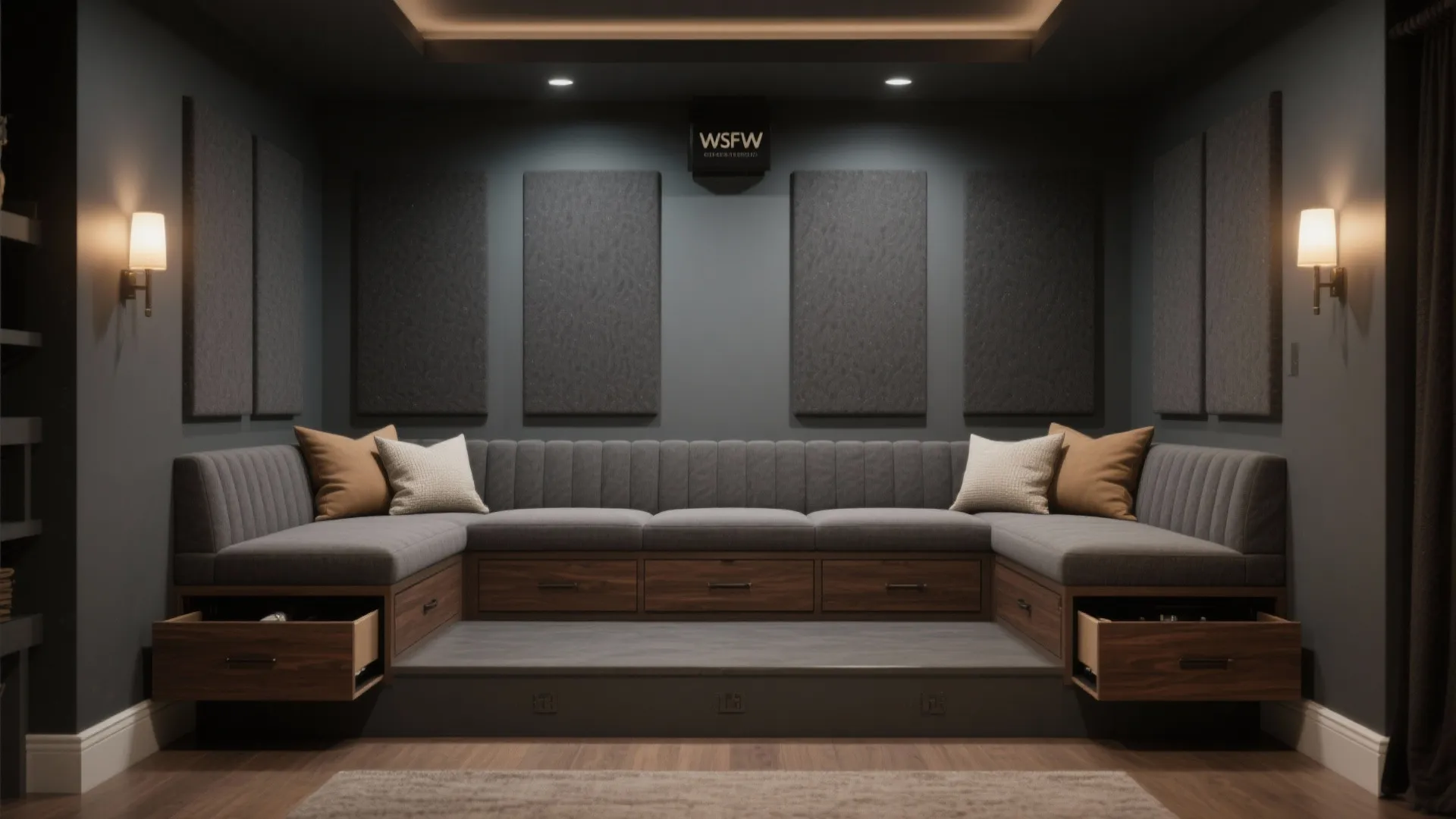 Back-wall bench on a low riser with deep drawers, acoustic panels, and warm lighting.