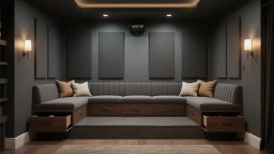 Modern Home Theater Lounge with Acoustic Panels & Built-In Storage