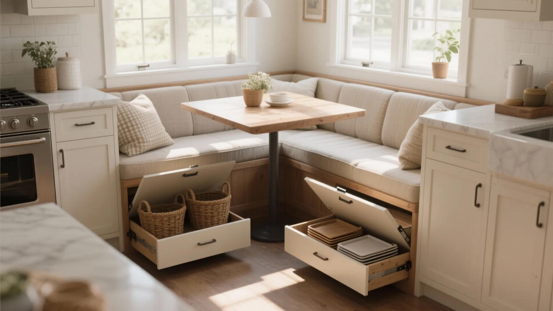 Built in kitchen bench seating with pull out storage drawers containing baskets and dinner plates