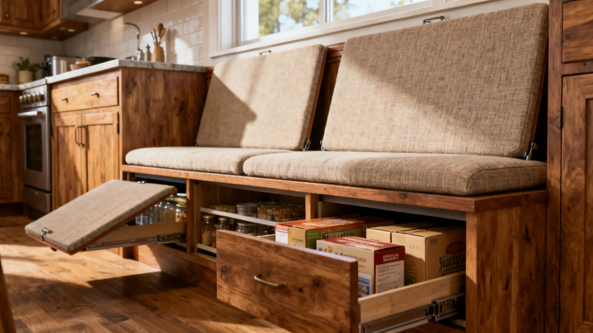 Built-in kitchen bench with cushioned lift-up lids revealing storage, integrated against a wall.