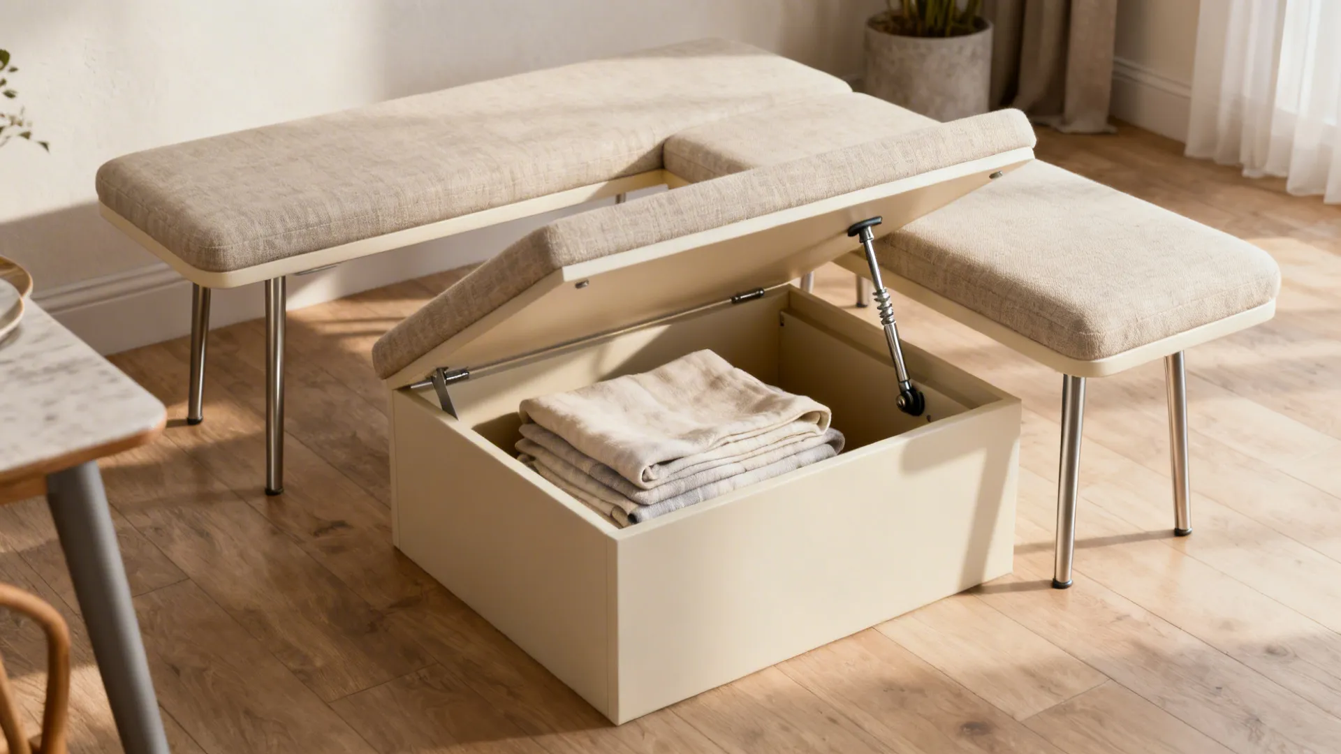 Dining bench with lift-up seats revealing organized under-seat storage and gas struts
