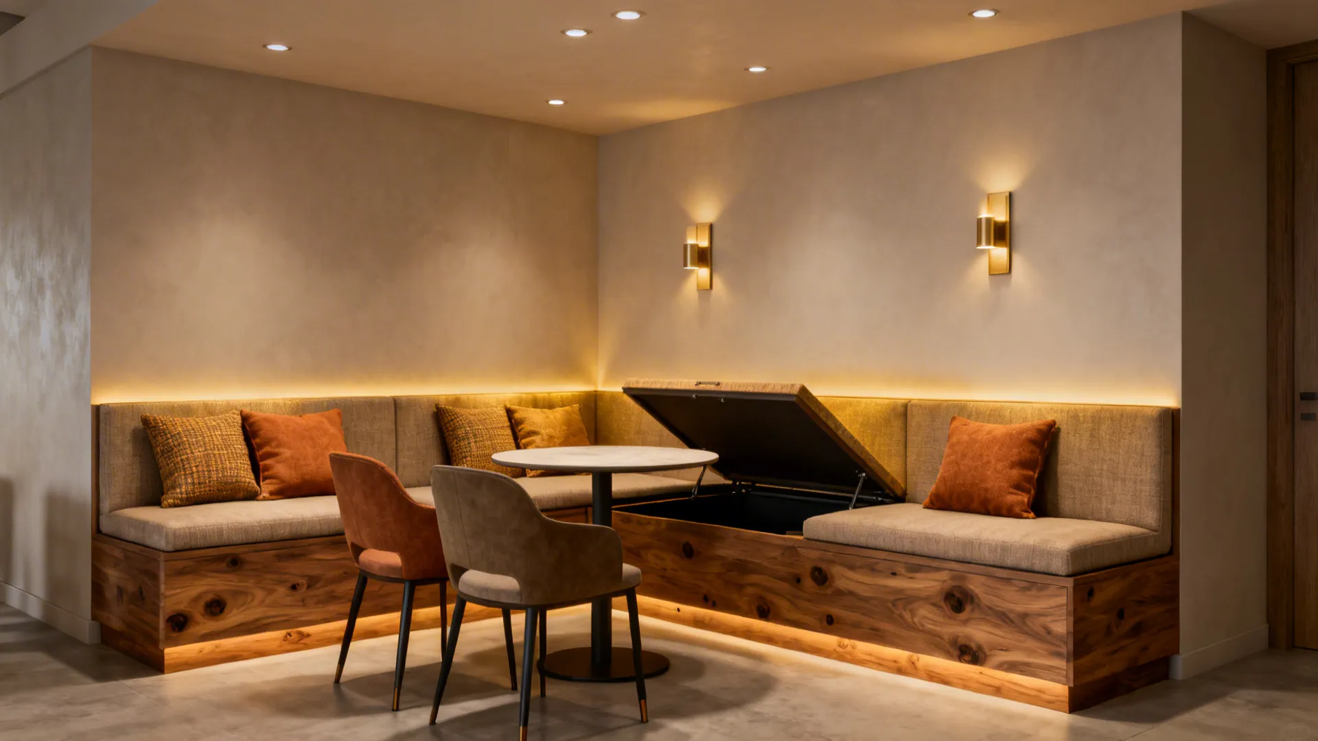 Upholstered built-in bench with hidden storage in a small dining area next to a round table.