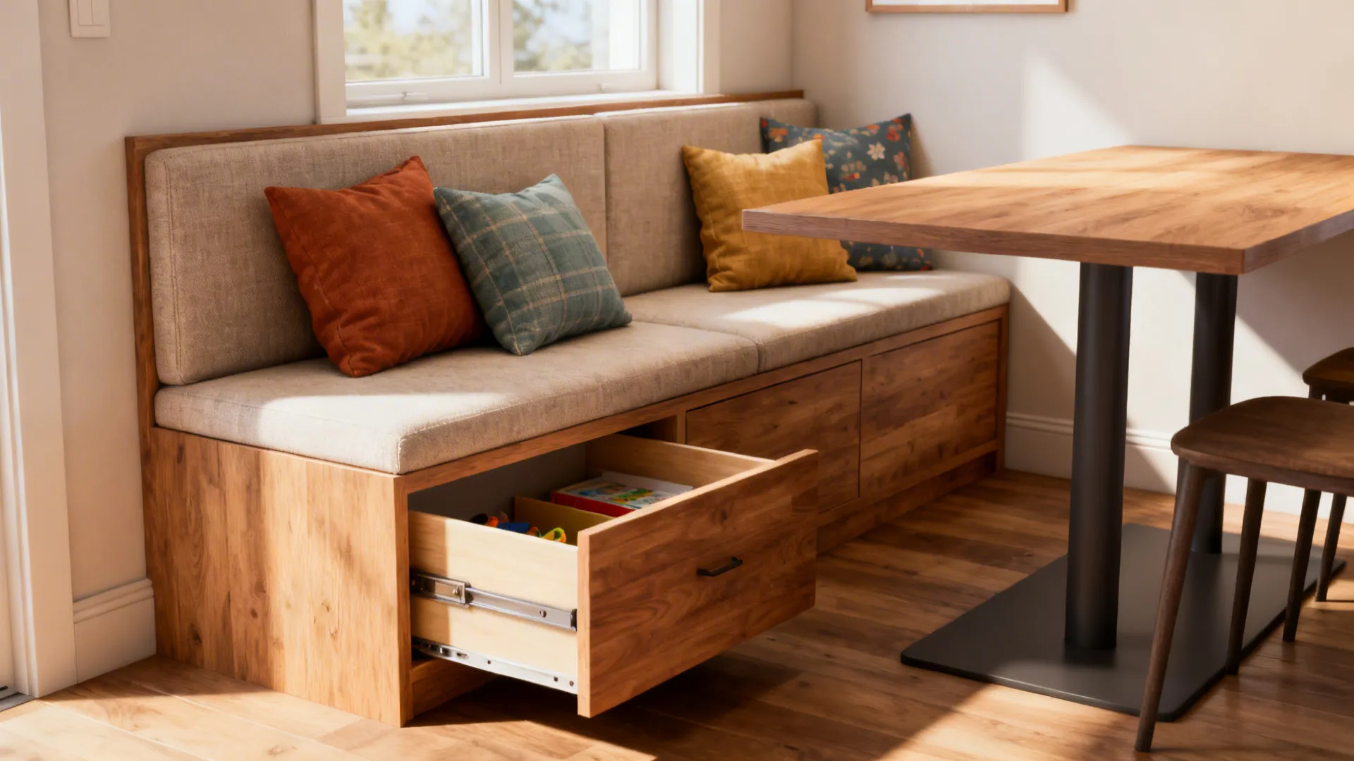 Compact dining alcove with a bench seat featuring under-seat drawers and a small table