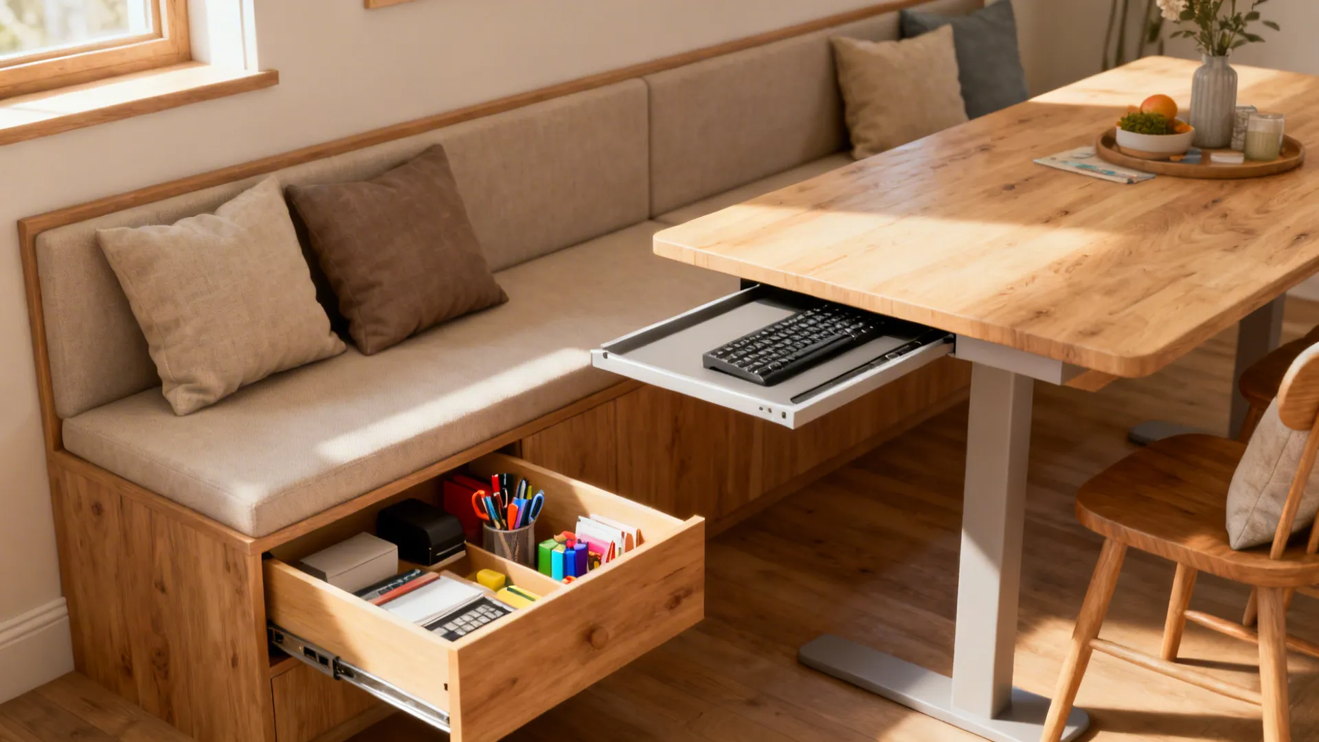 Built-in bench seating with concealed drawers and a pull-out keyboard tray beneath the dining surface.