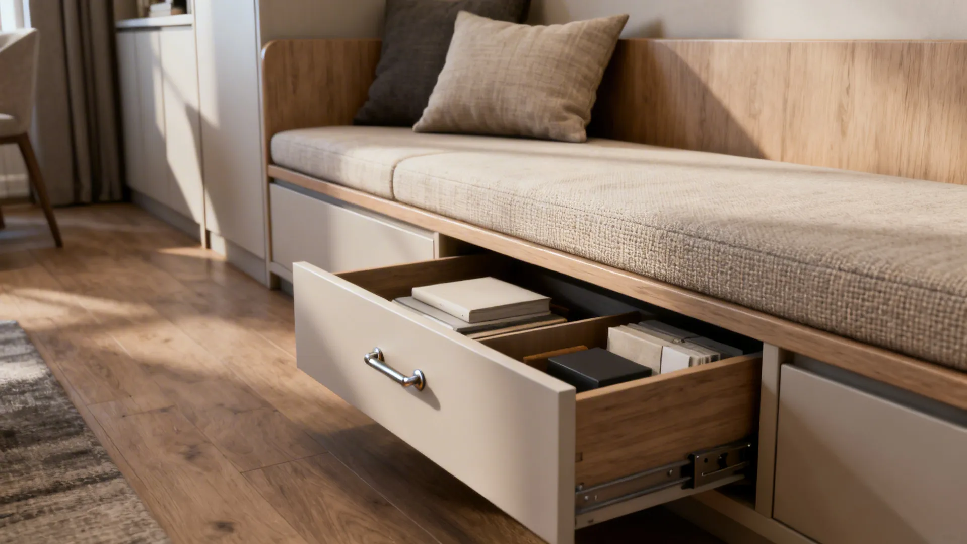 Bench-style sofa with under-seat storage drawers and lumbar cushions in a small living area.