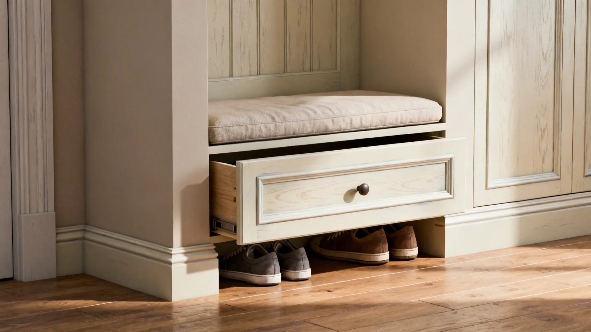 Half wall with built-in bench and hidden drawers in a warm neutral entry-living layout.