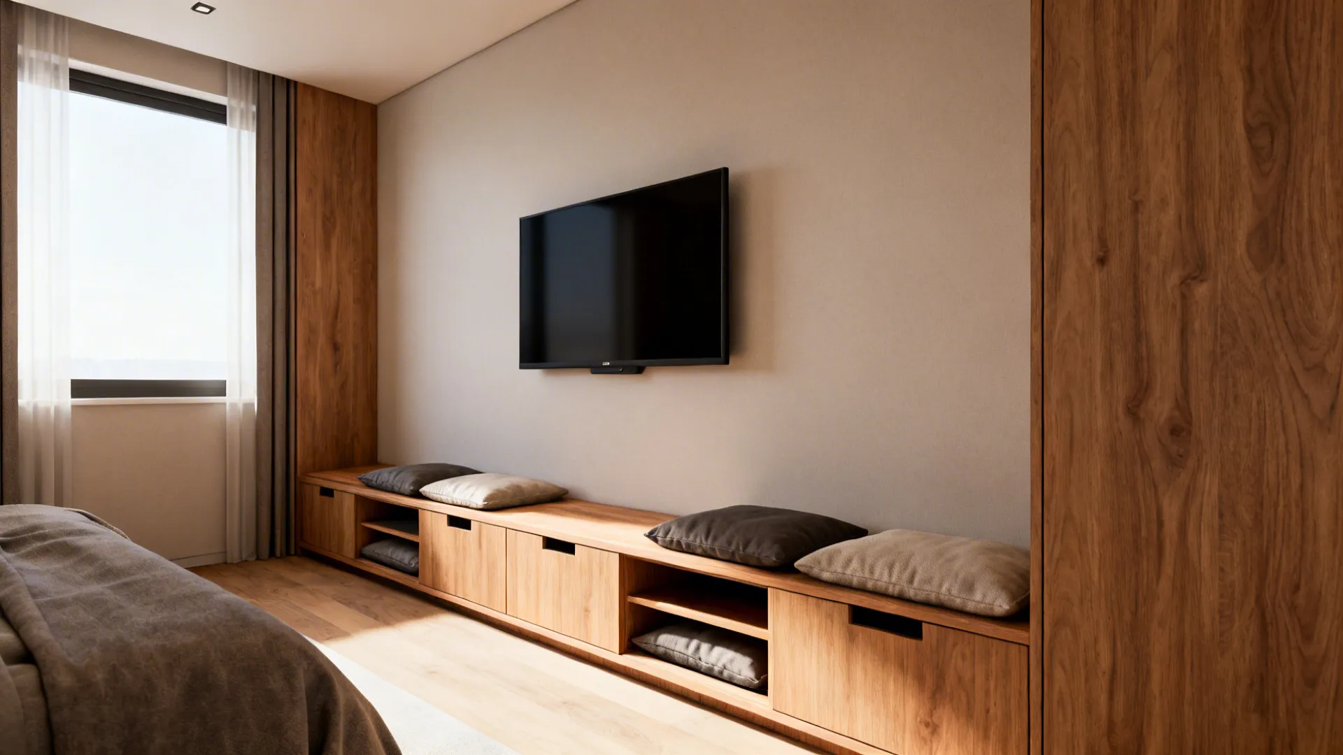 Narrow bench with built-in storage under a wall-mounted TV in a small studio setup