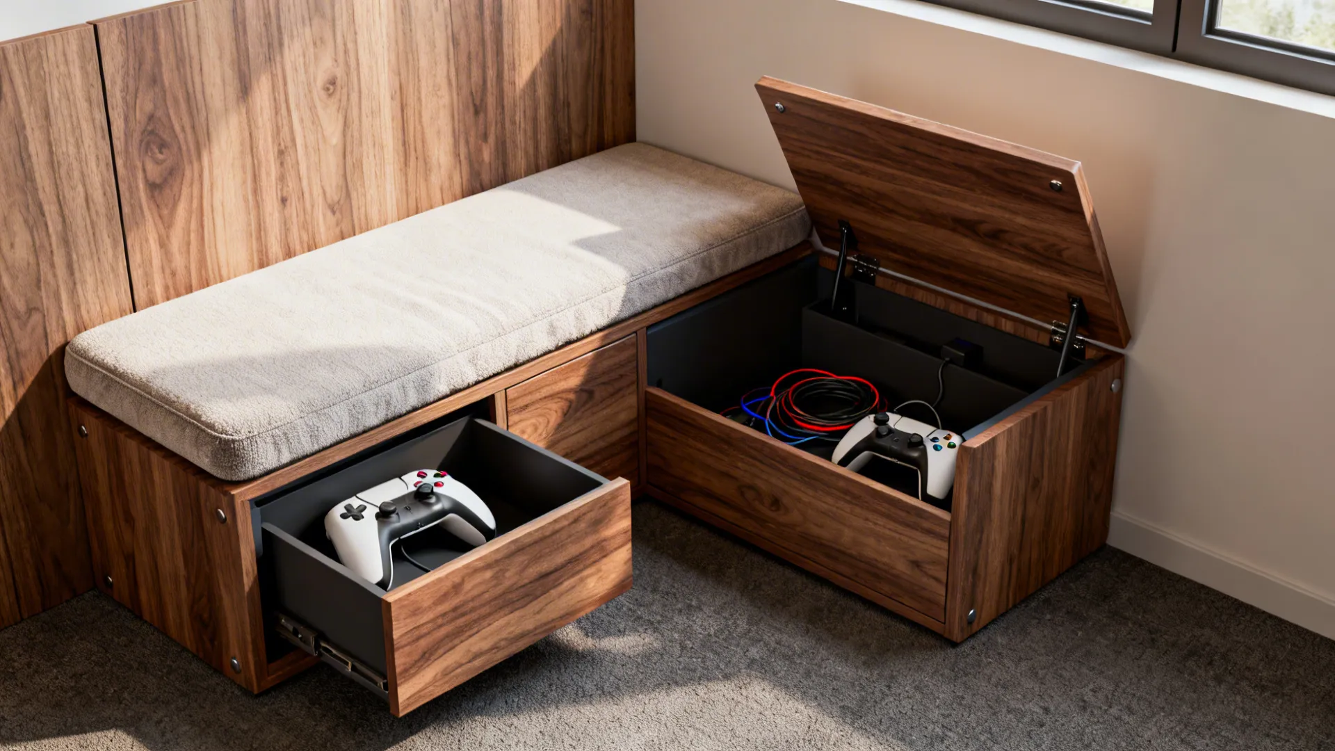 Wooden bench with storage drawer and open top compartment holding game controllers and colorful cables
