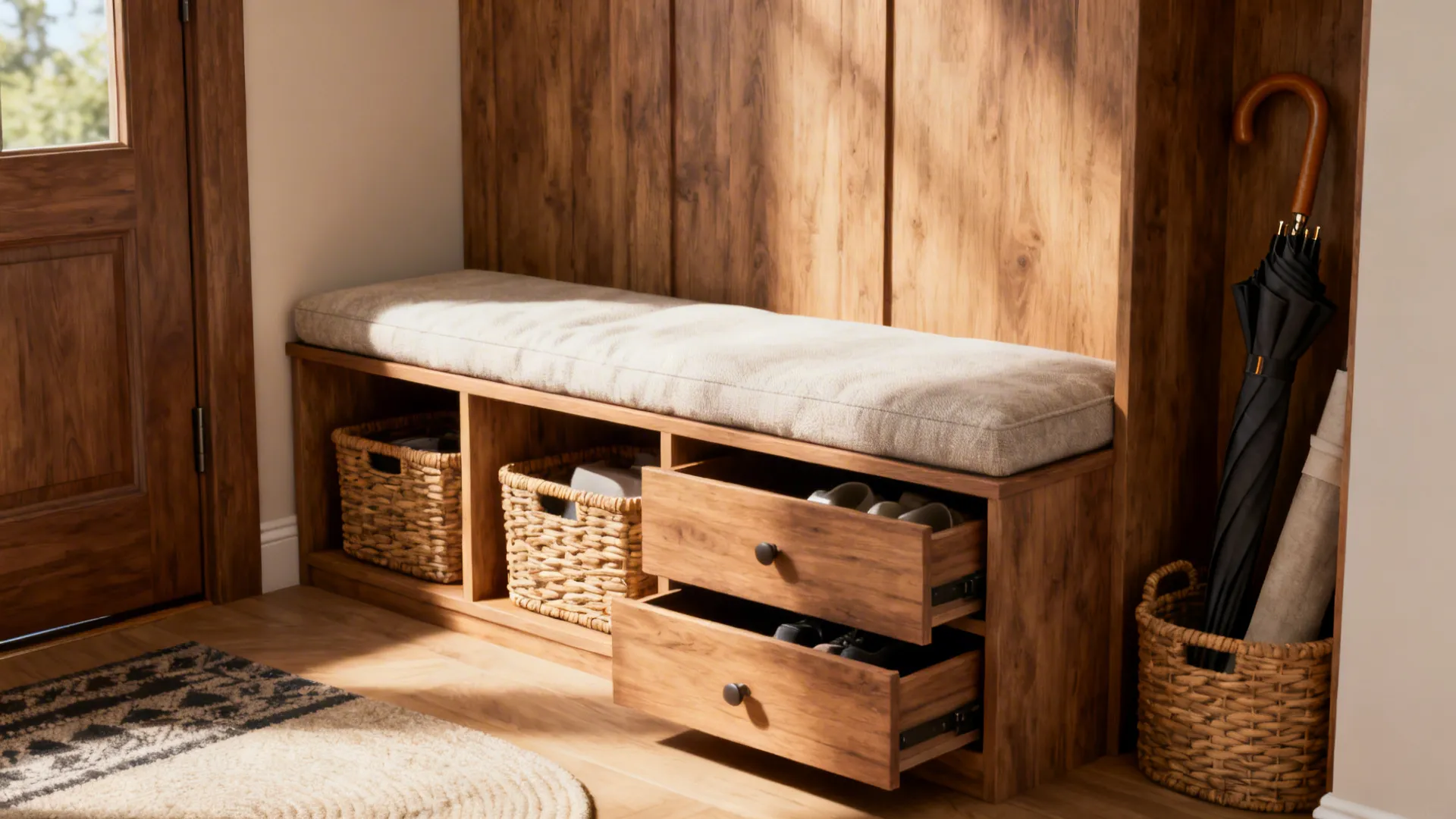 Narrow bench with integrated cubbies and drawers providing seating and storage