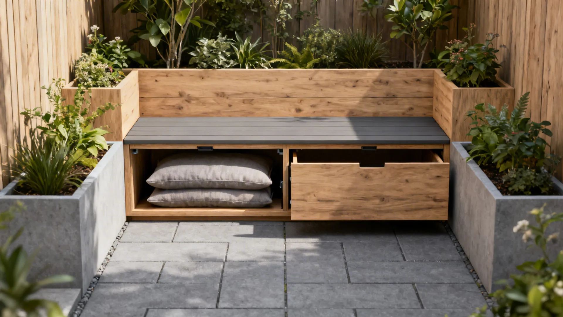 Narrow backyard bench with hidden storage and integrated planters in a modern palette.