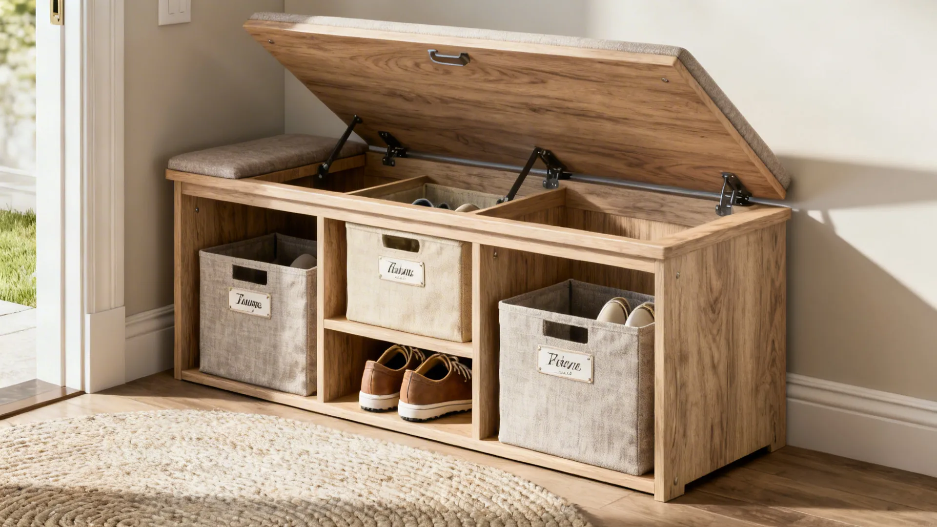 Entry bench with built-in storage and labeled bins keeping shoes organized