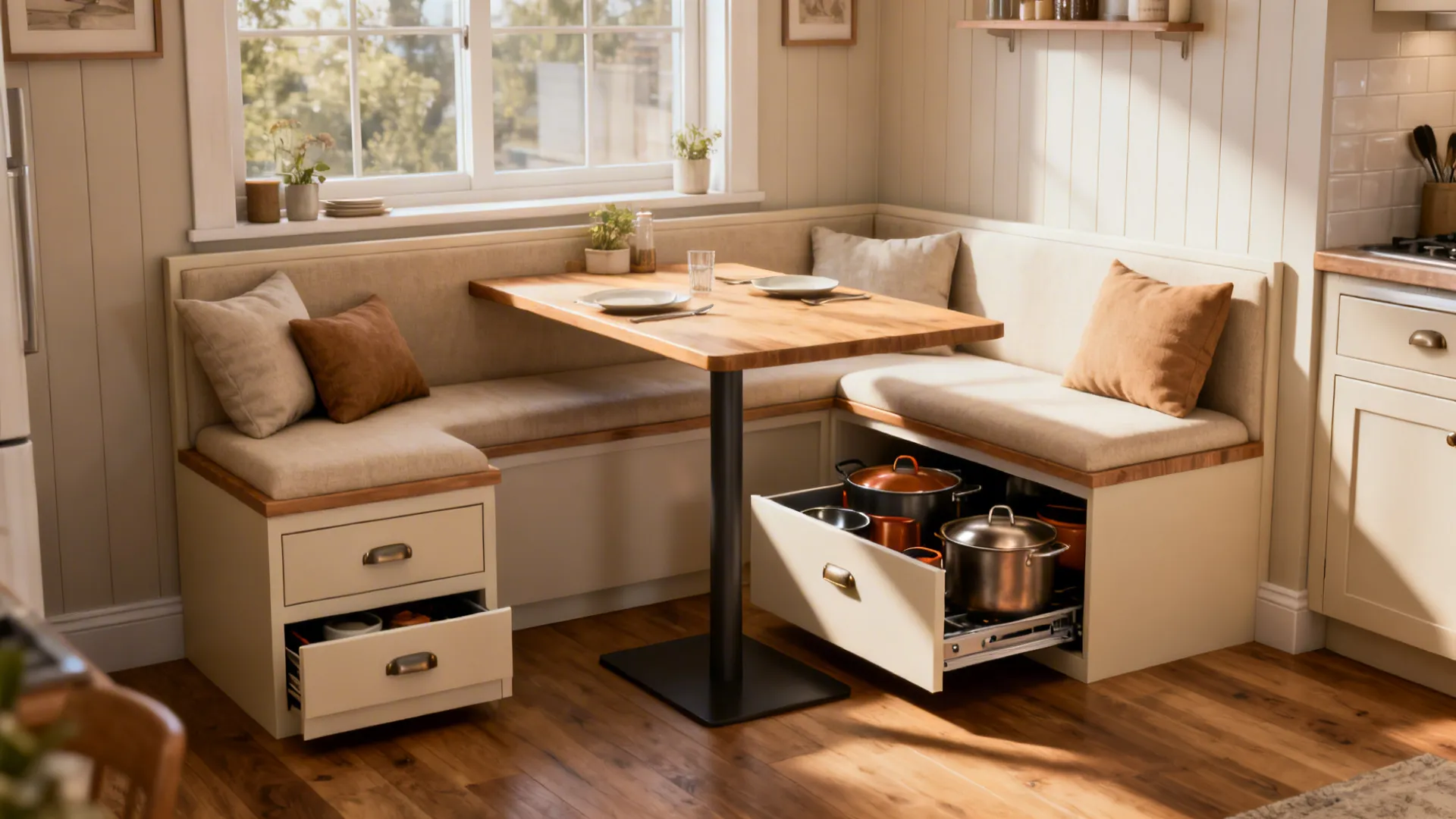 Dining area with wooden table and bench seating featuring built in storage drawers for pots
