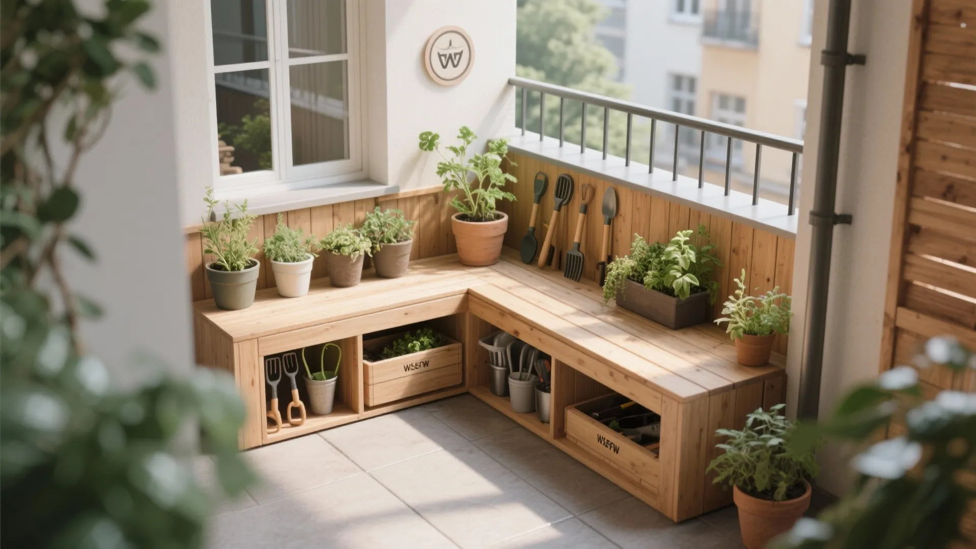 Wooden corner bench with storage shelves holding gardening tools and small green plants on balcony