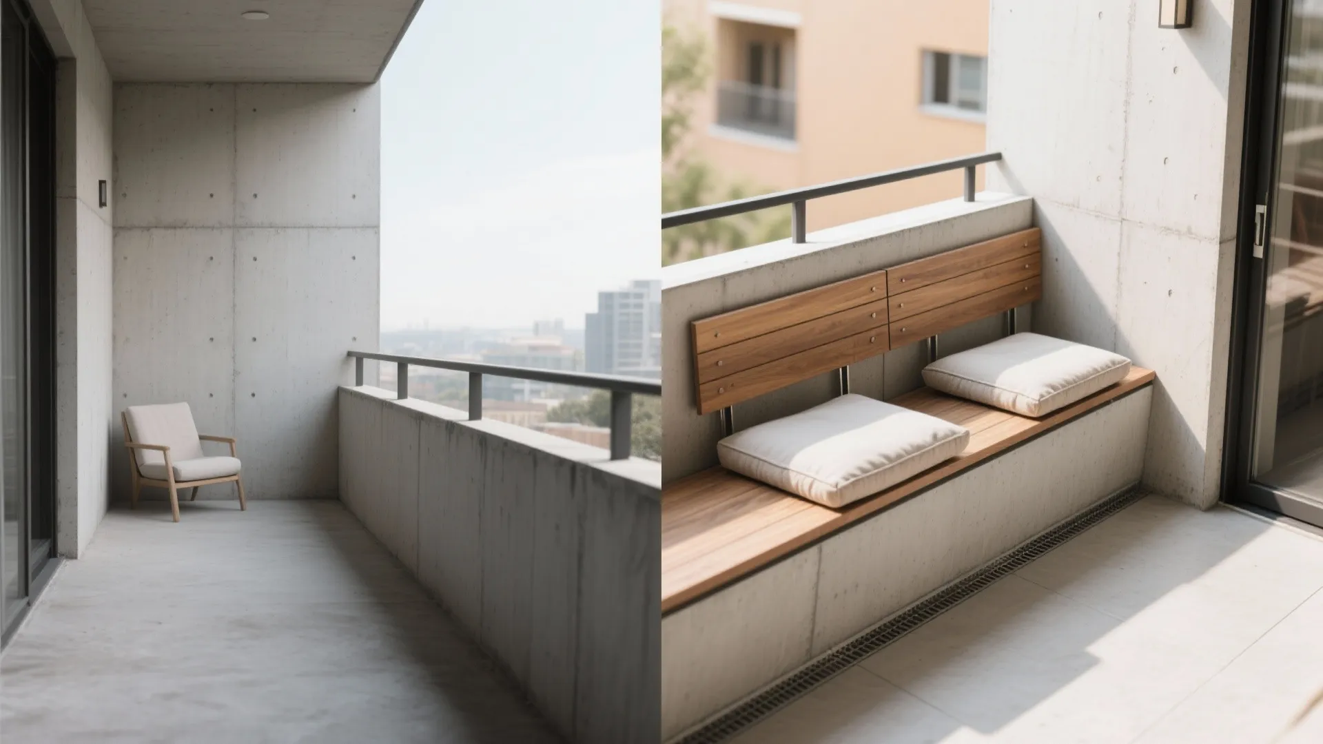 Before and after comparison of empty concrete balcony and new balcony with wooden bench cushions