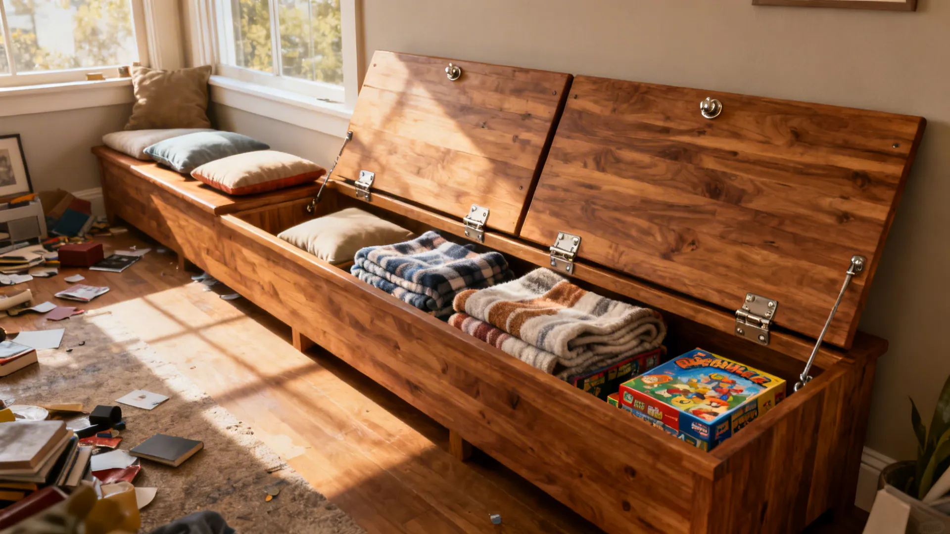 Before and after: floor clutter replaced by a solid teak bench with hidden storage and cushions