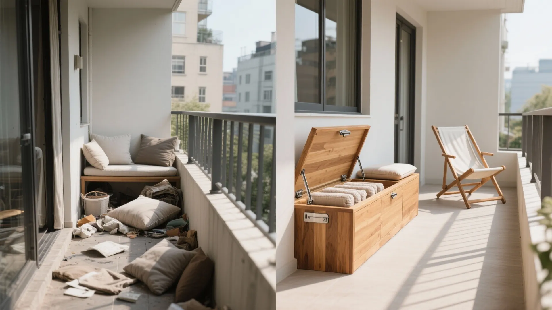 Before-and-after of a tiny balcony transformed with a narrow storage bench and foldable sling chair.