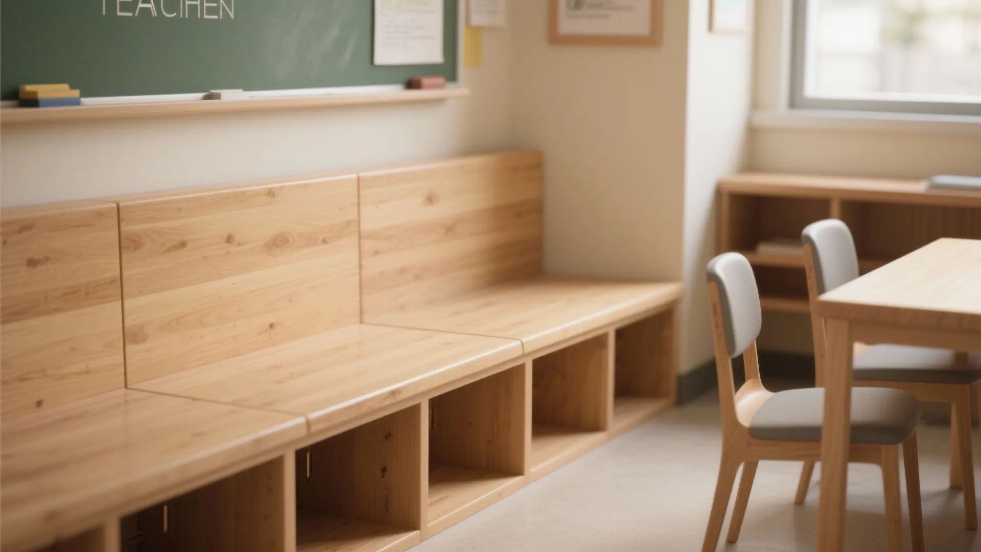 Wooden bench with open storage compartments next to a table and chairs in a classroom
