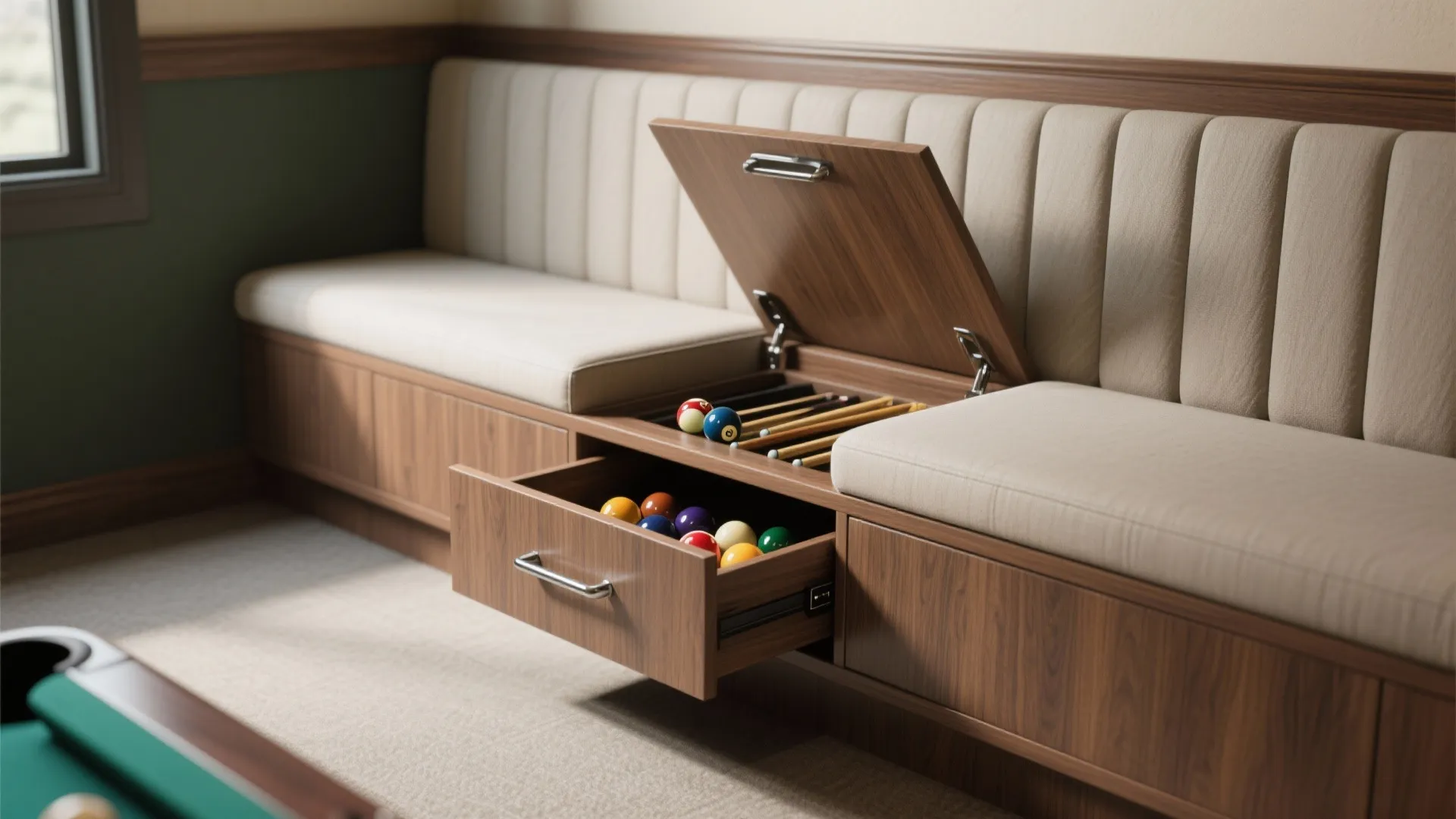 3. Build around it: benches, folding cues, and storage walls