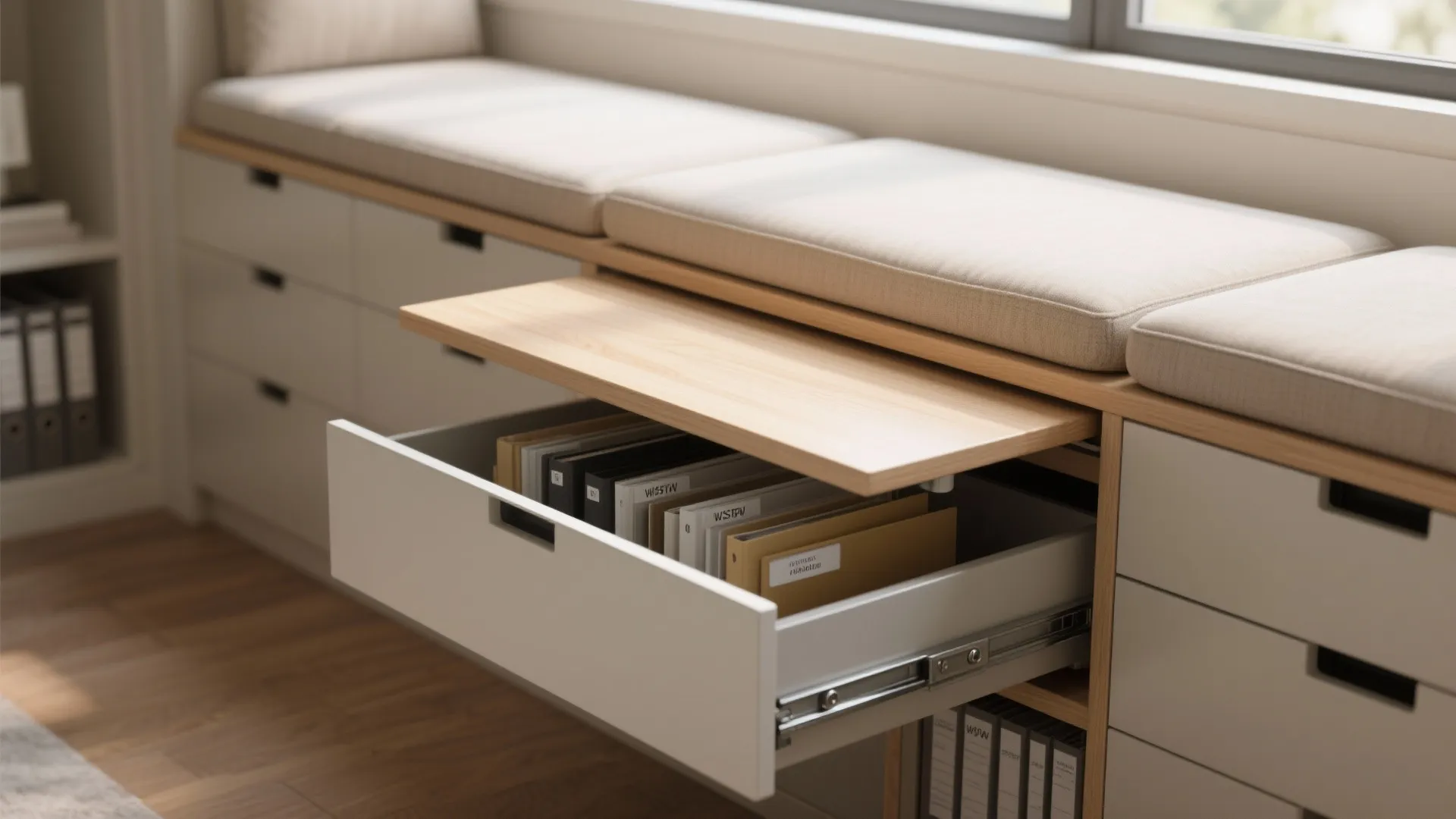 2. Multi-functional furniture: bench + storage + desk