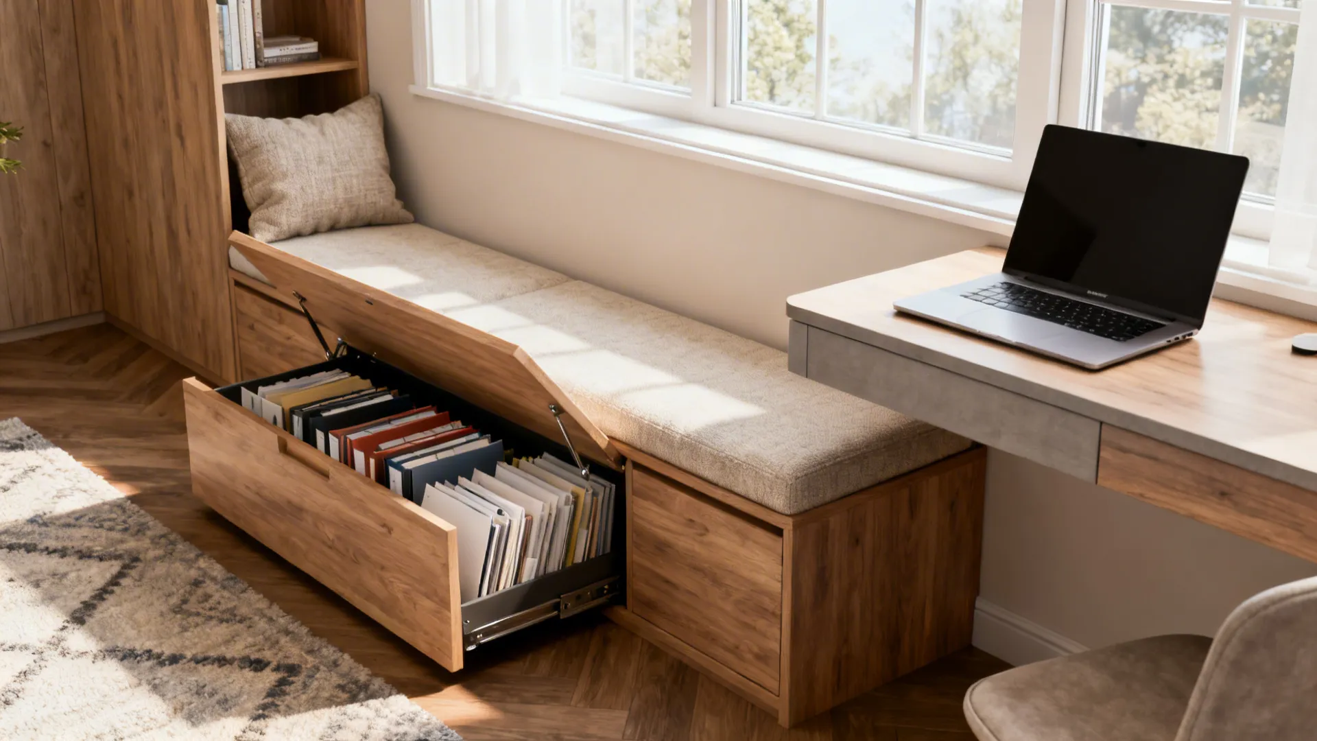 Under-window bench with lift-up storage used as seating and adjacent desk surface in a compact office.