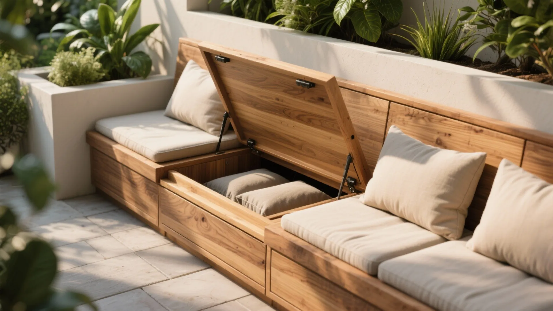 Close-up of built-in outdoor bench with open storage under seat