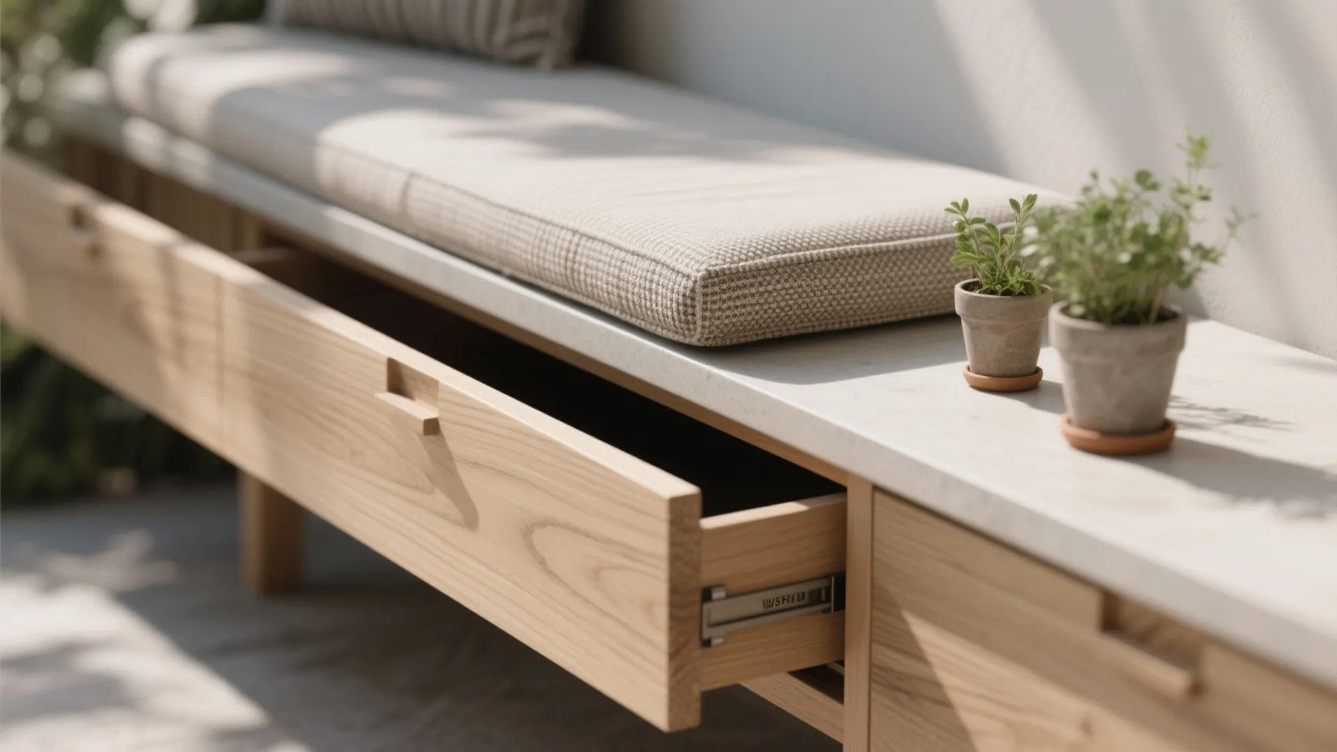 Close up of wooden bench with open drawer fabric seat cushion and small green potted plants