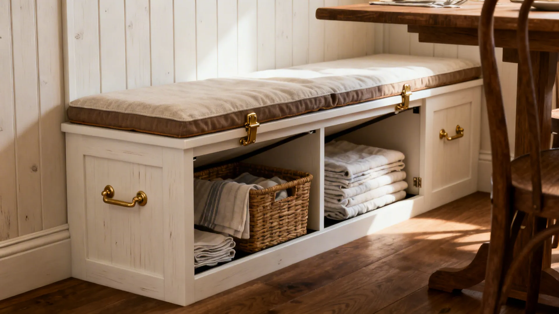 Built-in bench seating with lift-up storage showing plywood finish and brass hardware
